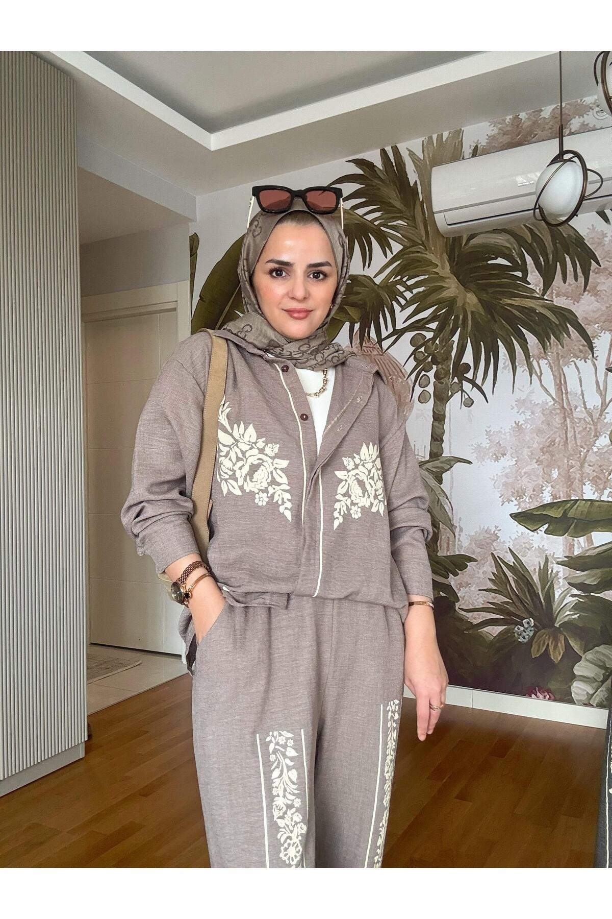 Gömlek Desen Baskı Pamuklu İkili Takım Kahve