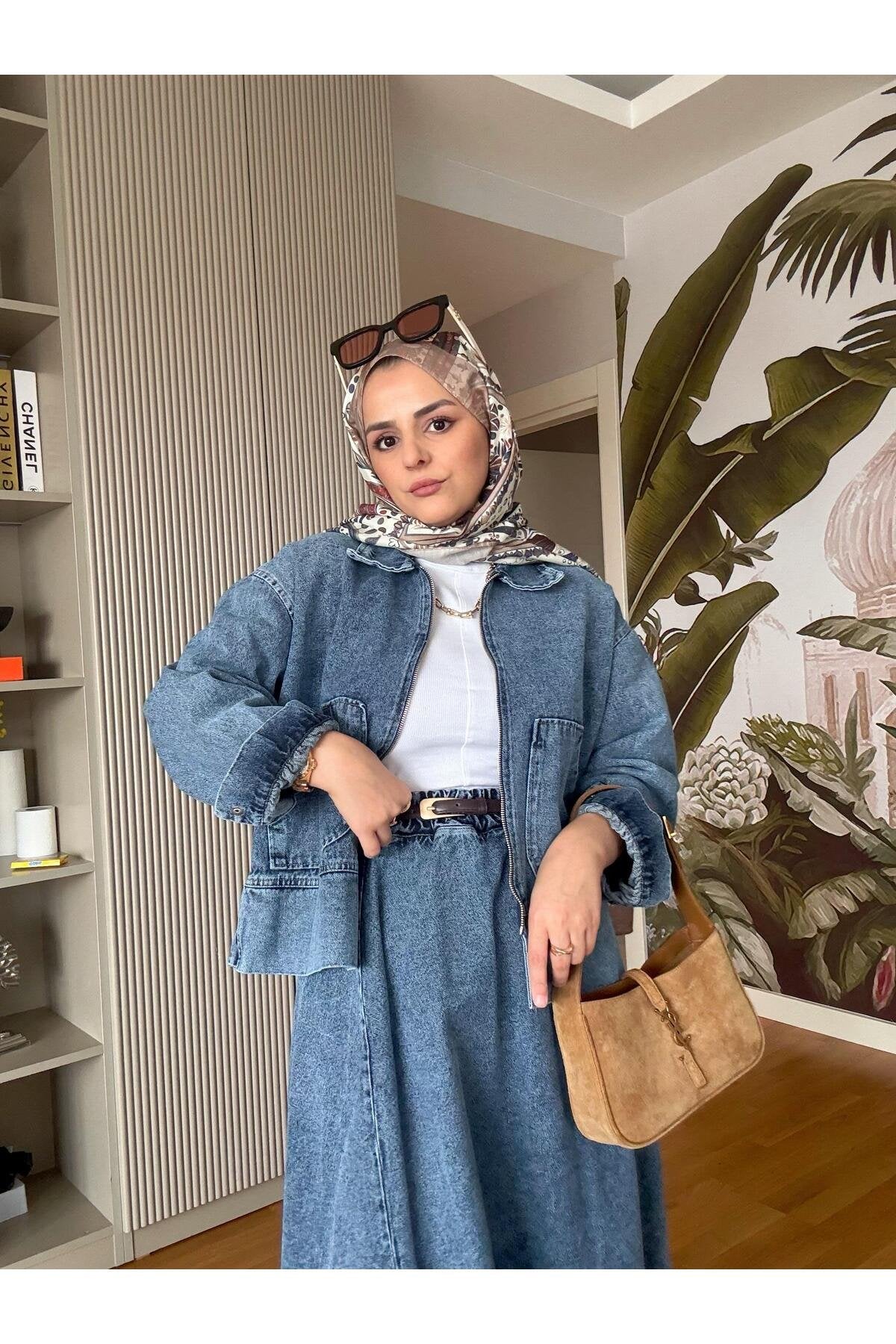 Denim Fermuarlı Çan Etek Takım Lacivert