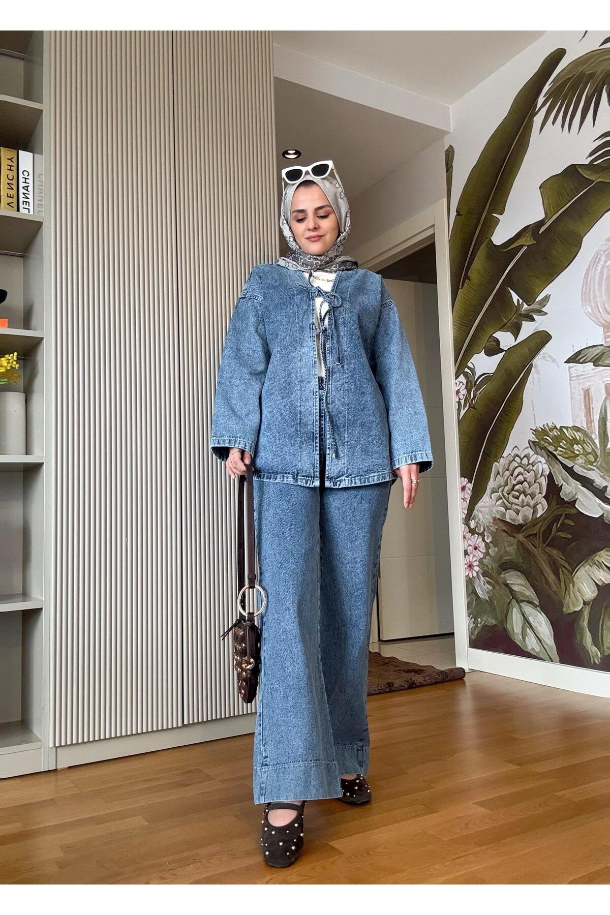 Kurdela ipli Denim Ceket Takım Açık Mavi