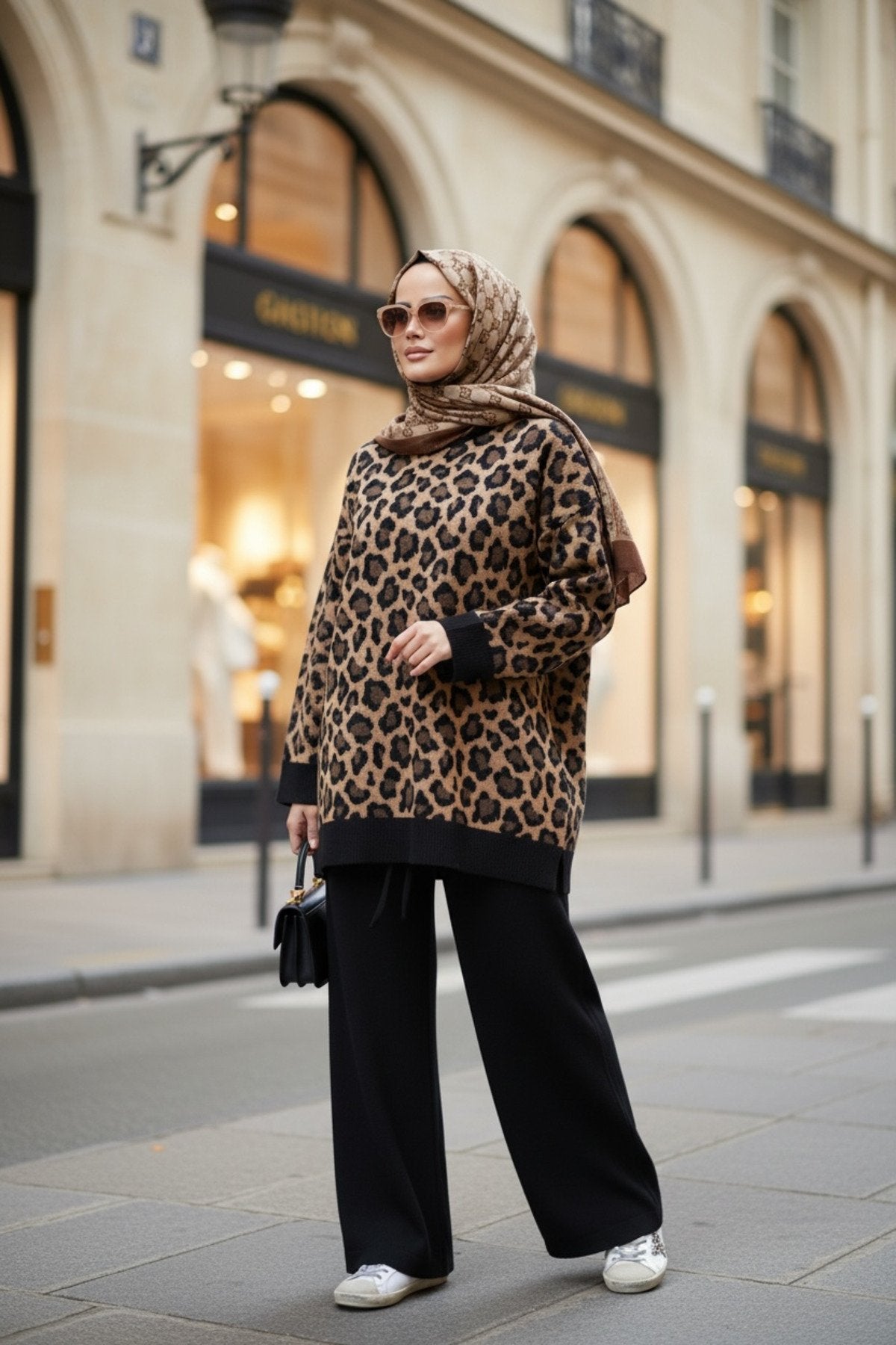 Leopar Desenli Triko Takım kahve