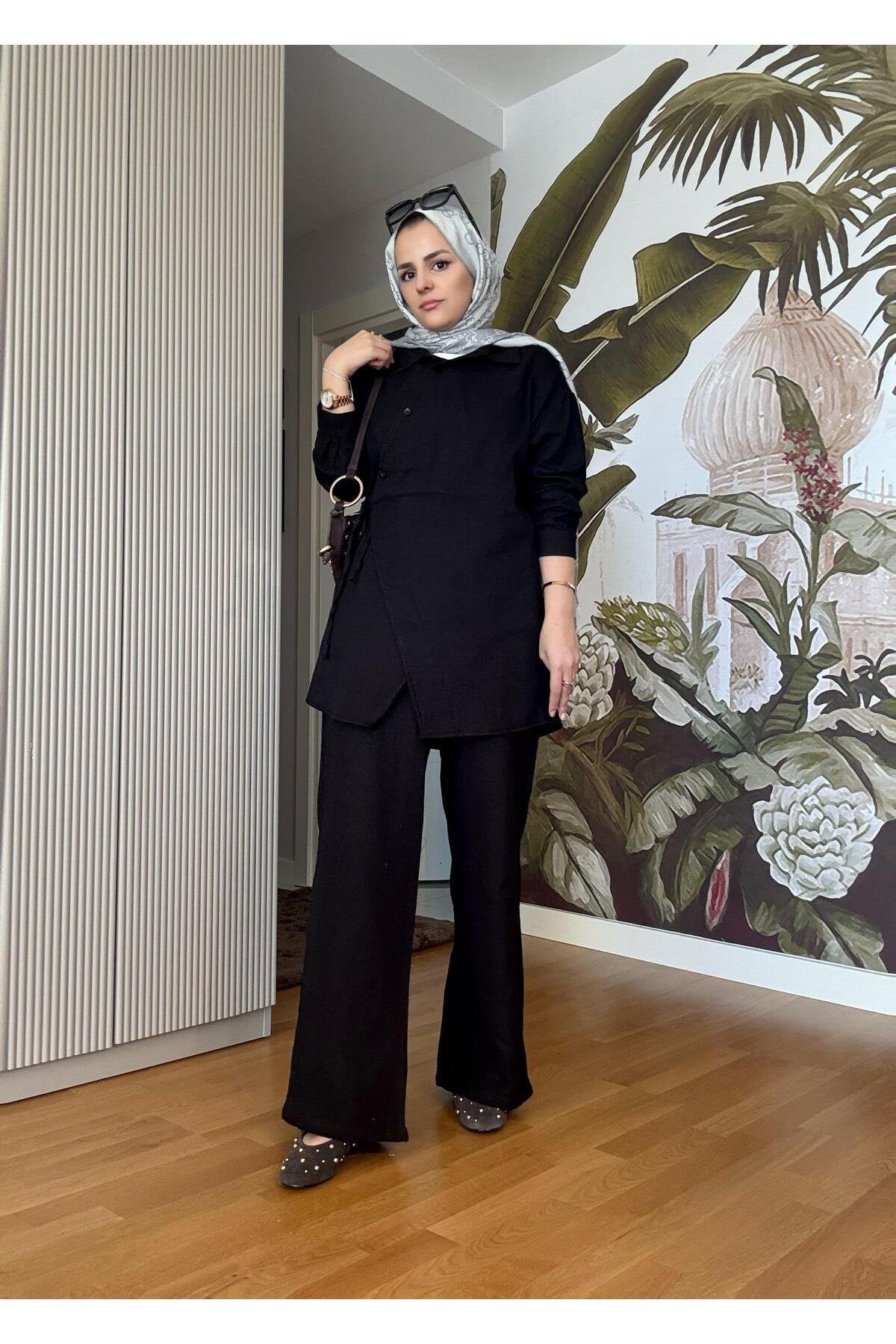 Kimona Müslin Pamuklu Gömlek Takım Siyah