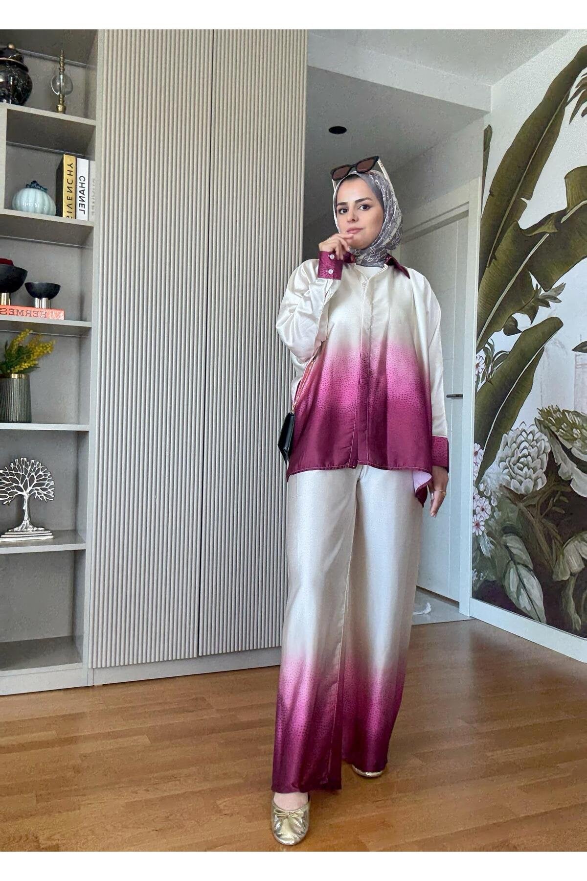 Saten Gömlek Renk Geçişli İkili Takım Pembe