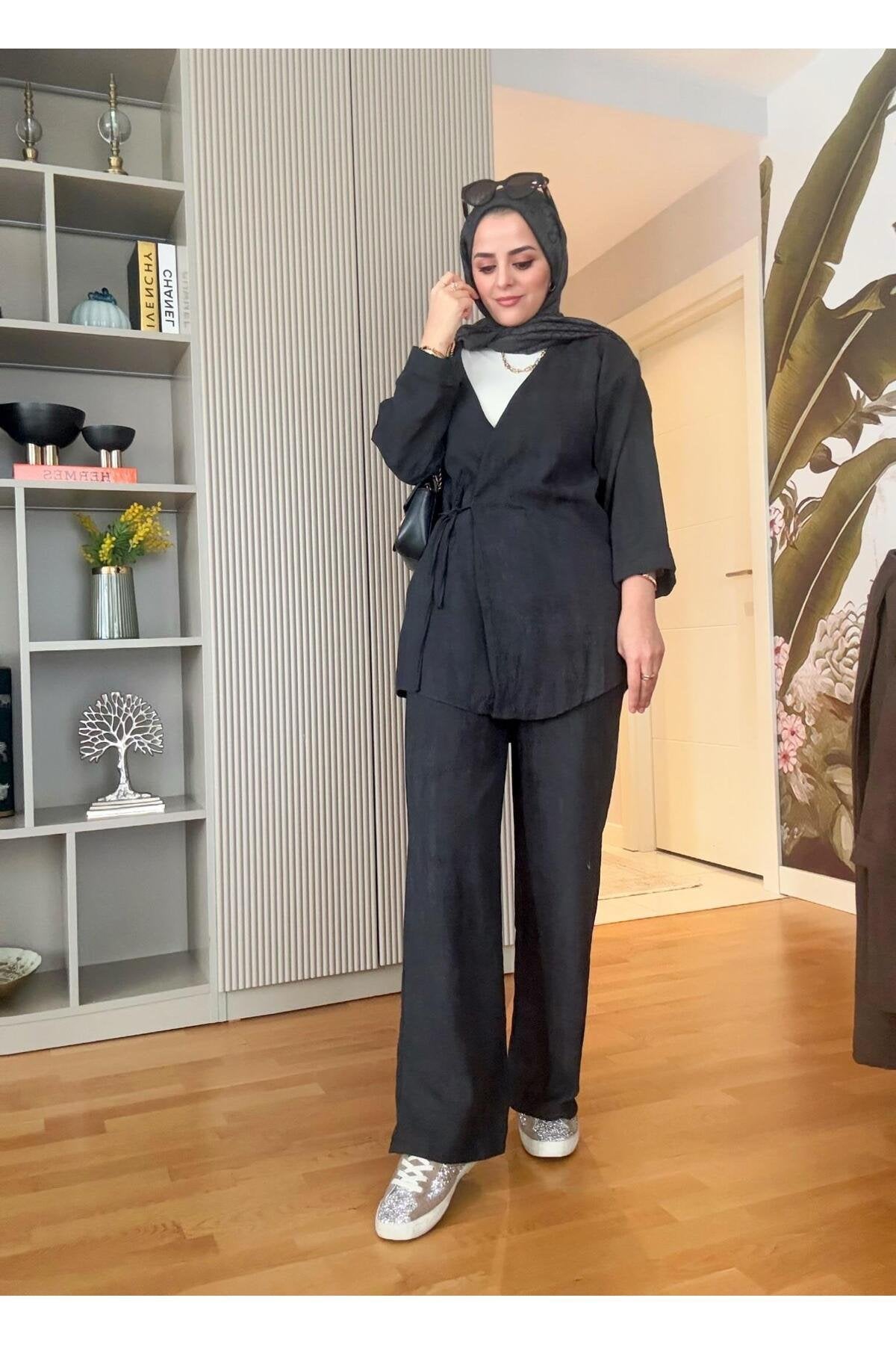 Kimona Pamuklu Bağlamalı Tunik Takım Bej