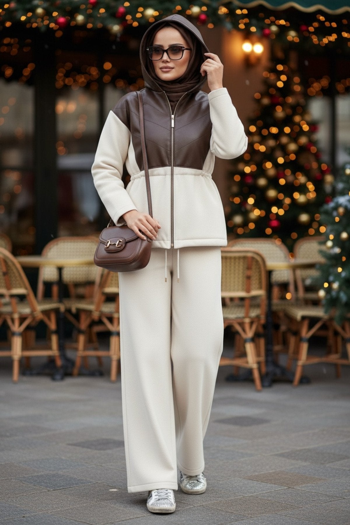 Milano Leather Set – Deri Detaylı Üç İplik Şardonlu Tesettür Takım Hakiyeşil
