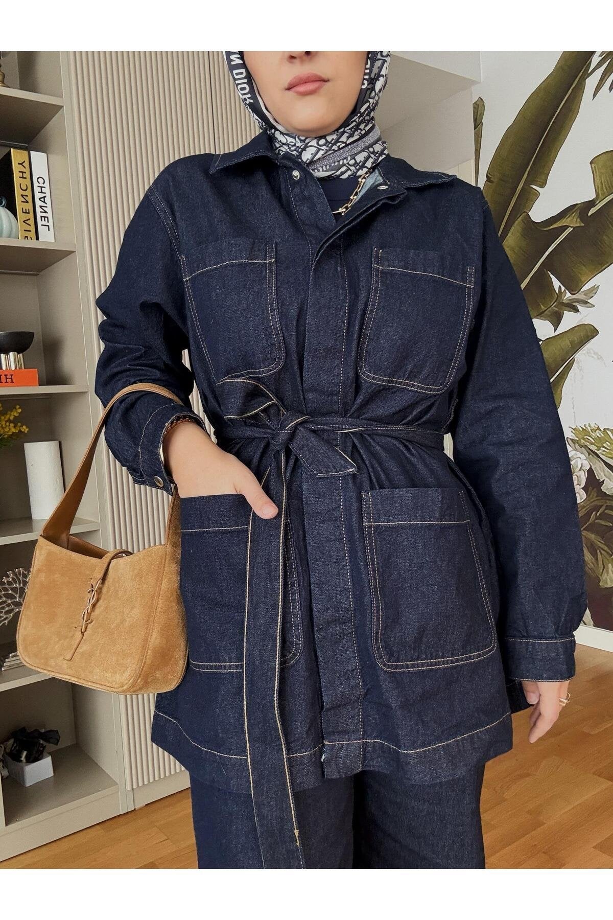 Cepli Denim Kuşaklı Ceket Takım Koyu Mavi
