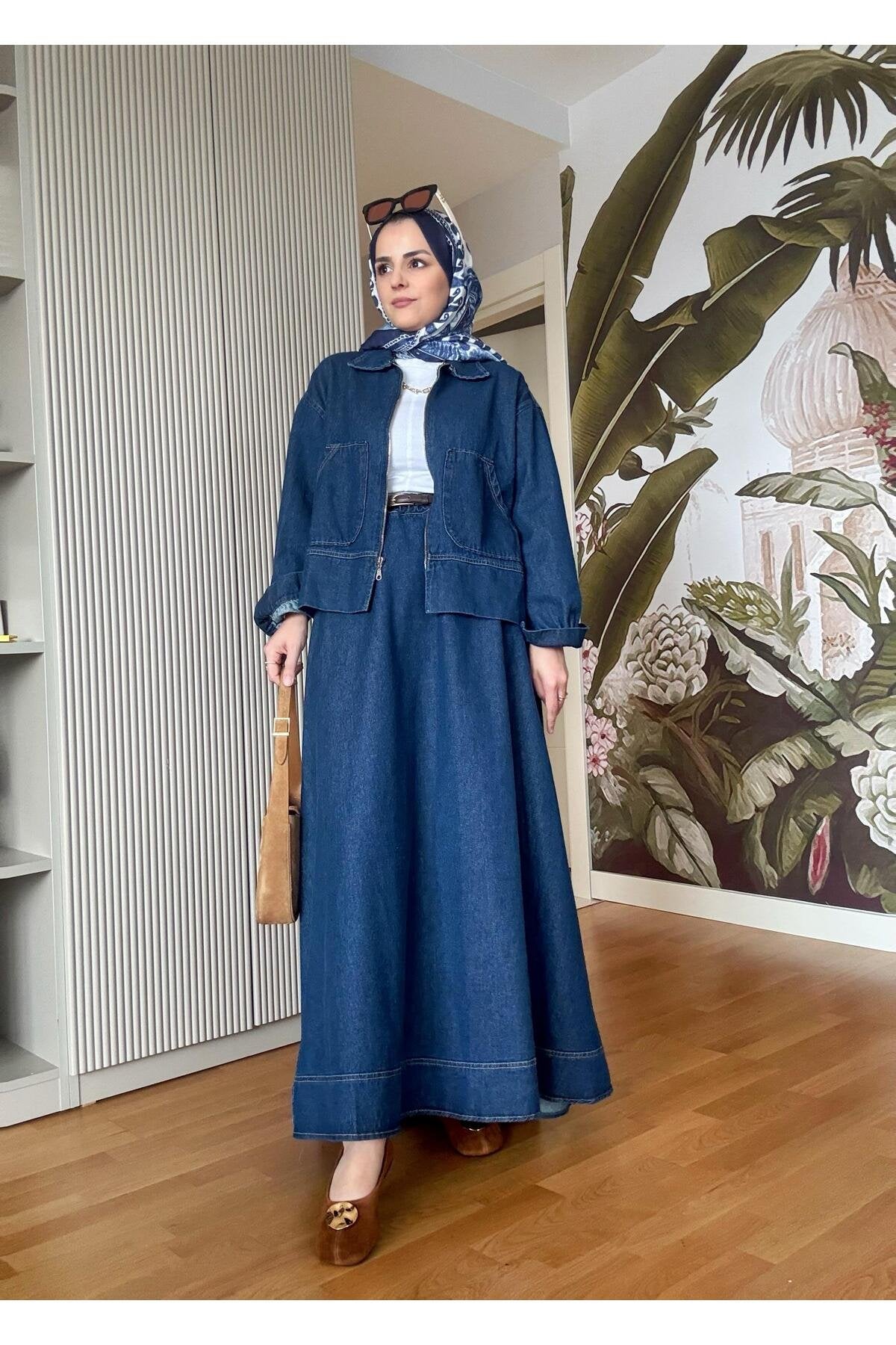 Denim Fermuarlı Çan Etek Takım Lacivert