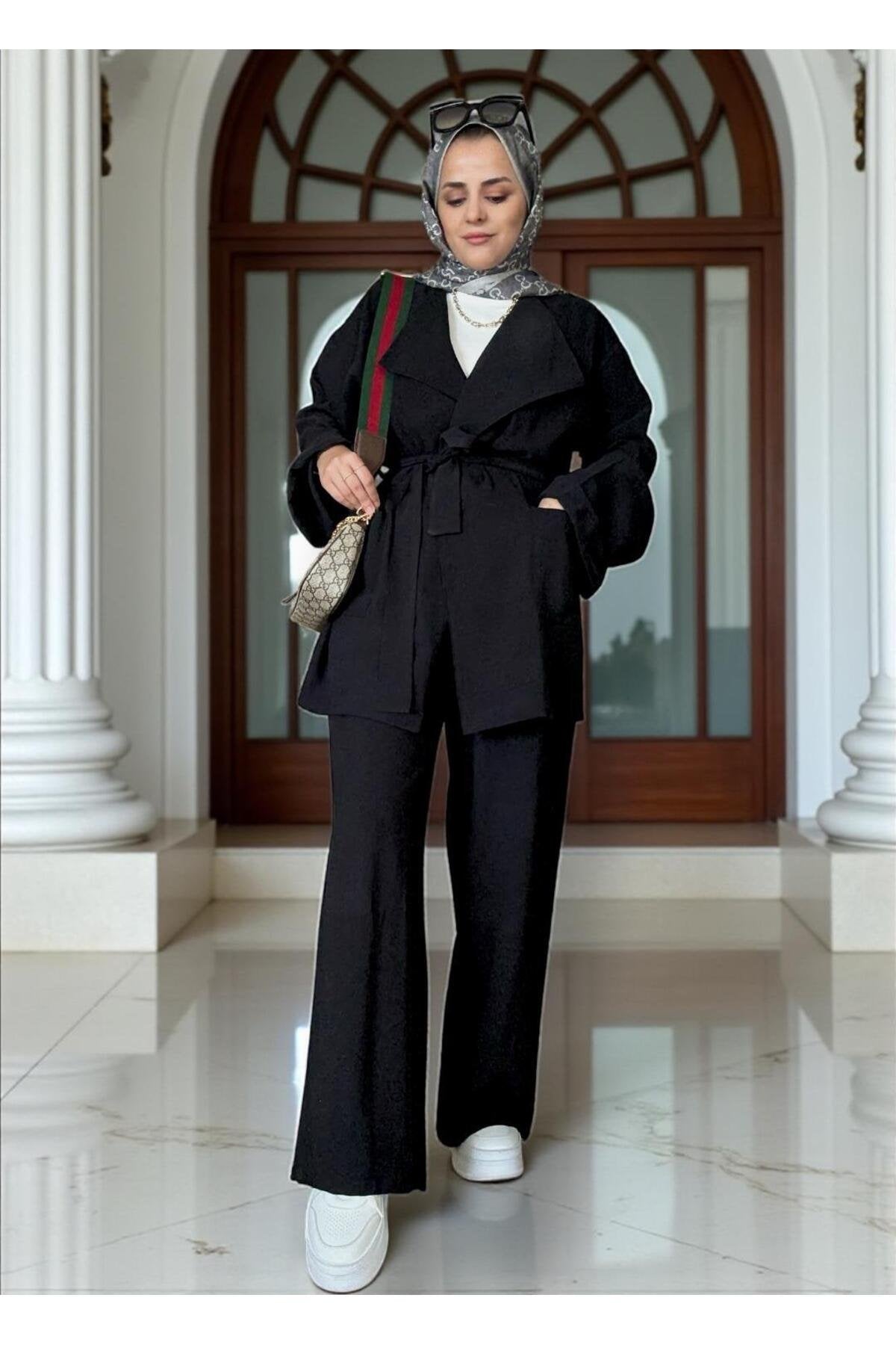 İthal Dokuma Dökümlü Ceket Kuşaklı İkili Takım Siyah