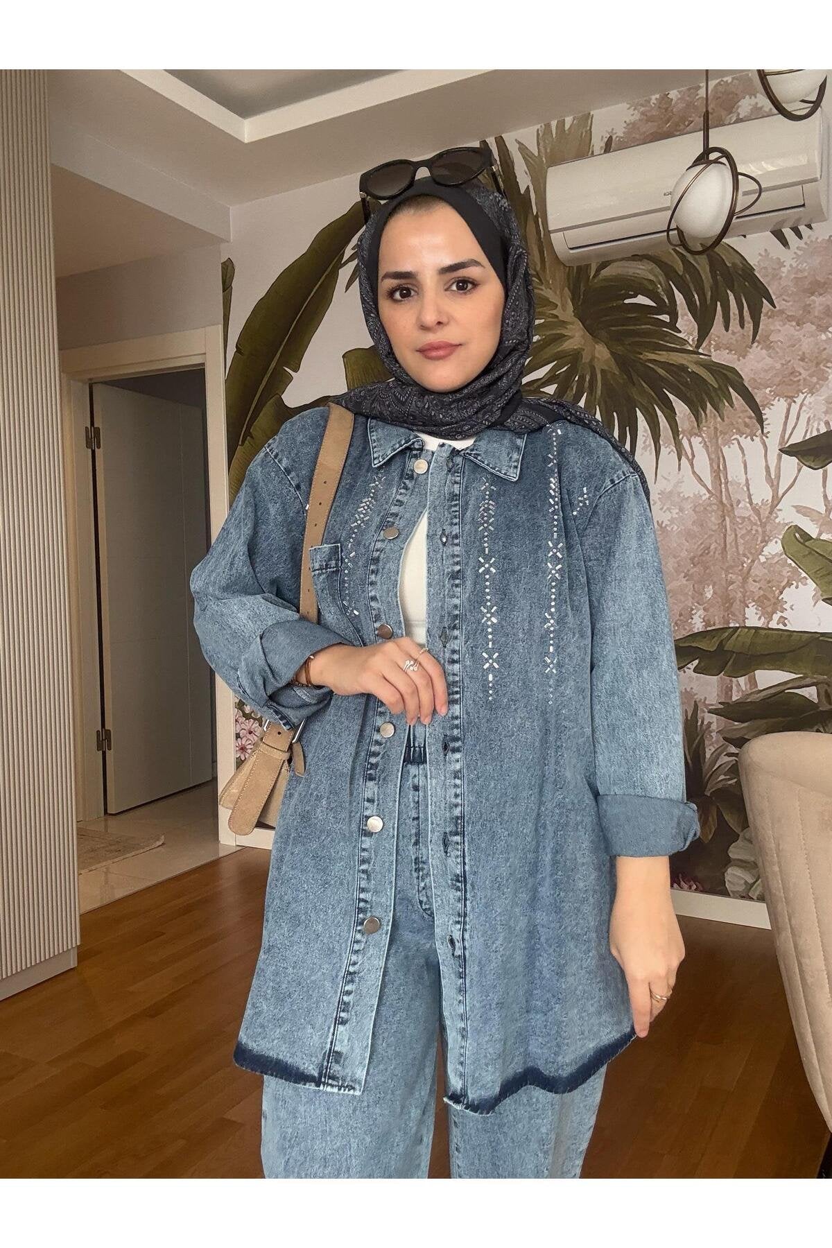 Üçgen Şerit Taş  Detaylı Denim Gömlek İkili Takım Açık  Mavi