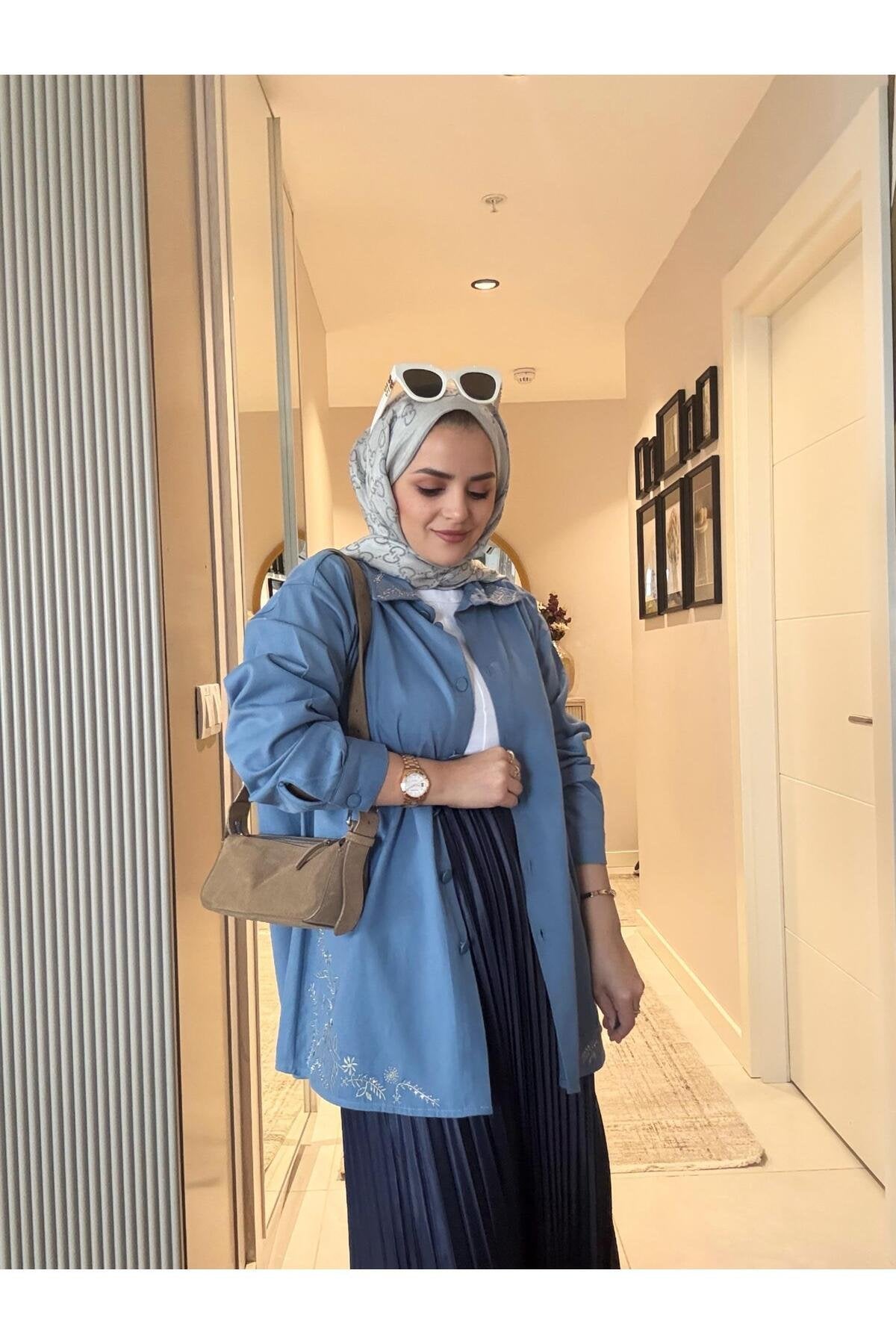 Nakışlı Taşlı Denim Ceket Gömlek Siyah