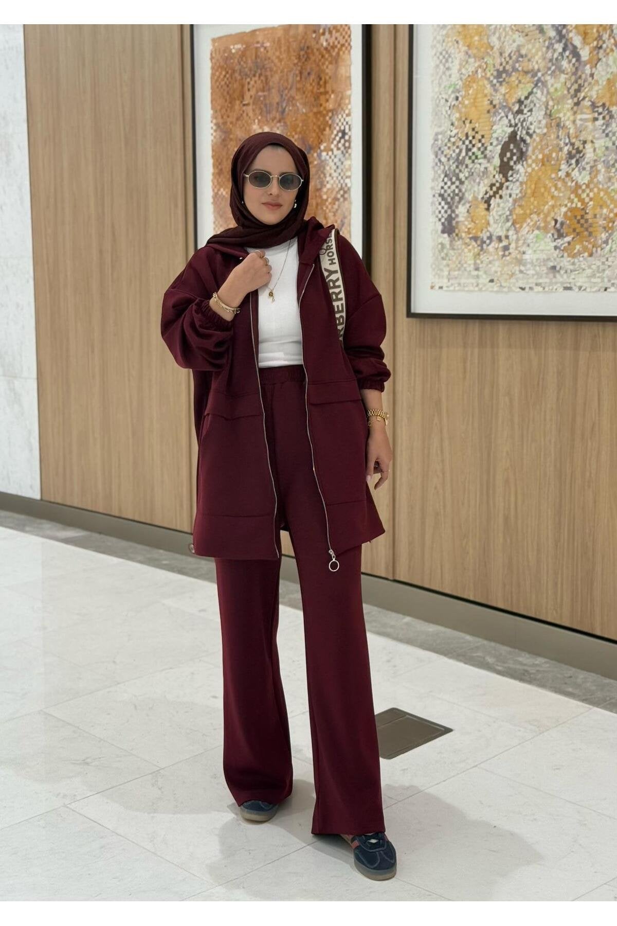 Velvet Modal Kapşonlu İkili Tesettür Takım Acıkahve