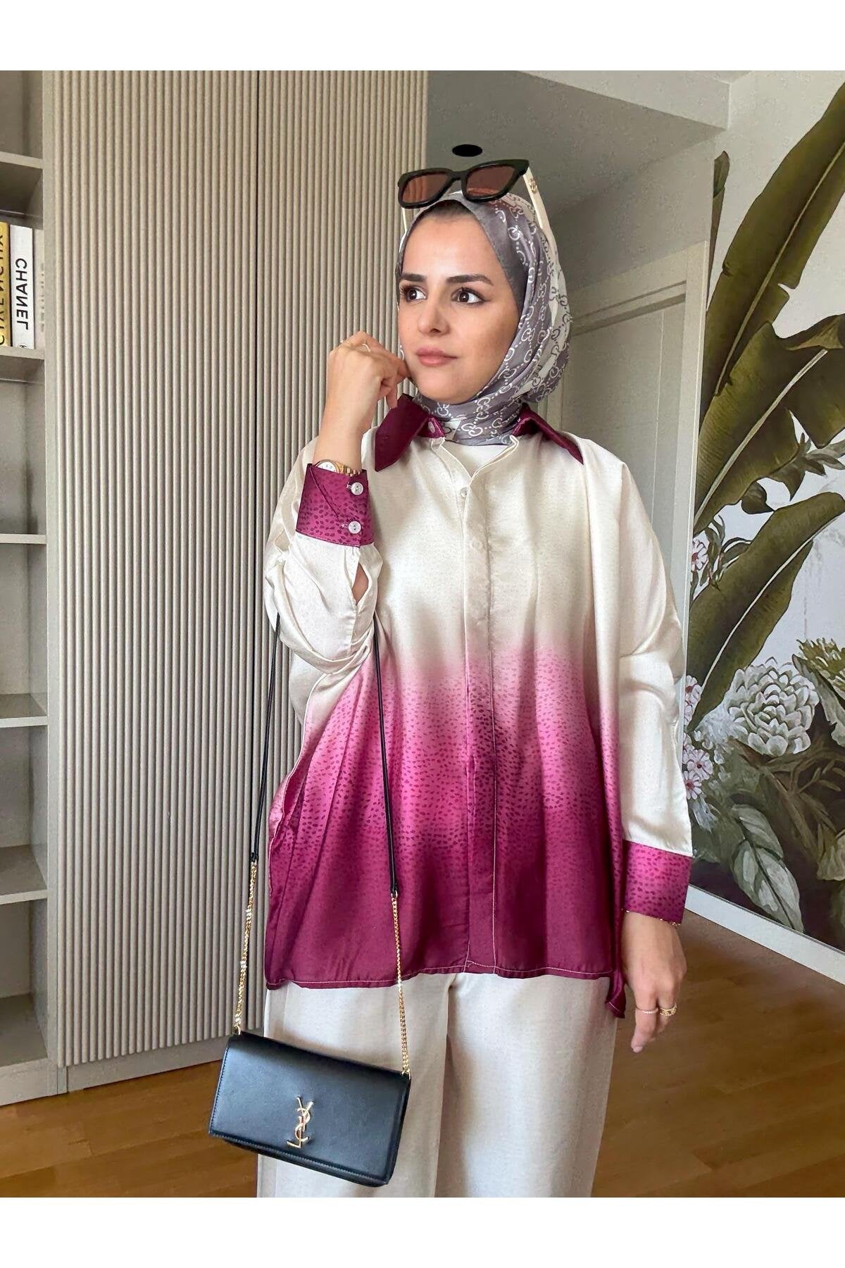 Saten Gömlek Renk Geçişli İkili Takım Pembe