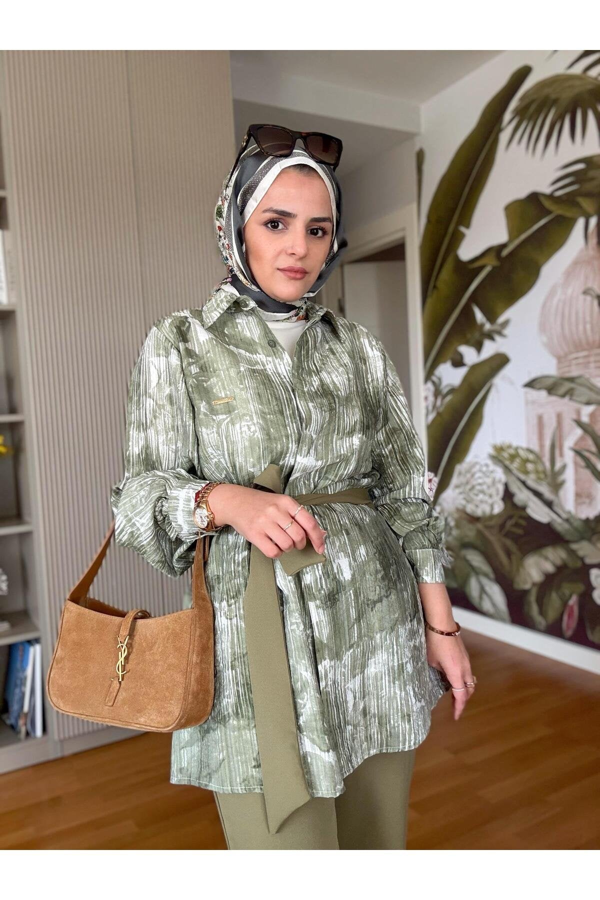 Bella Pamuklu Gömlek Desenli Krep Pantolon Takım Bej