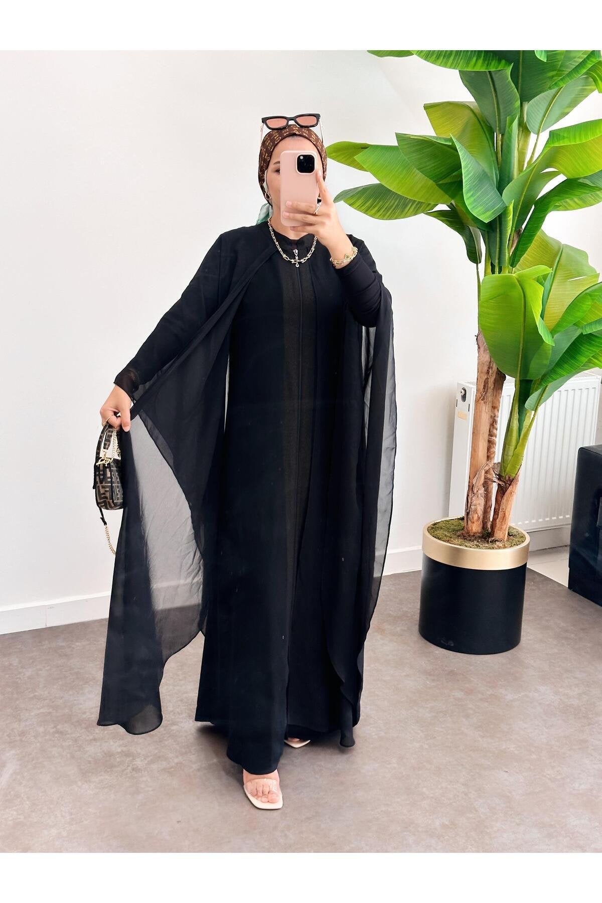 Abaya Fermuarlı  Ferace Şifon - Tül