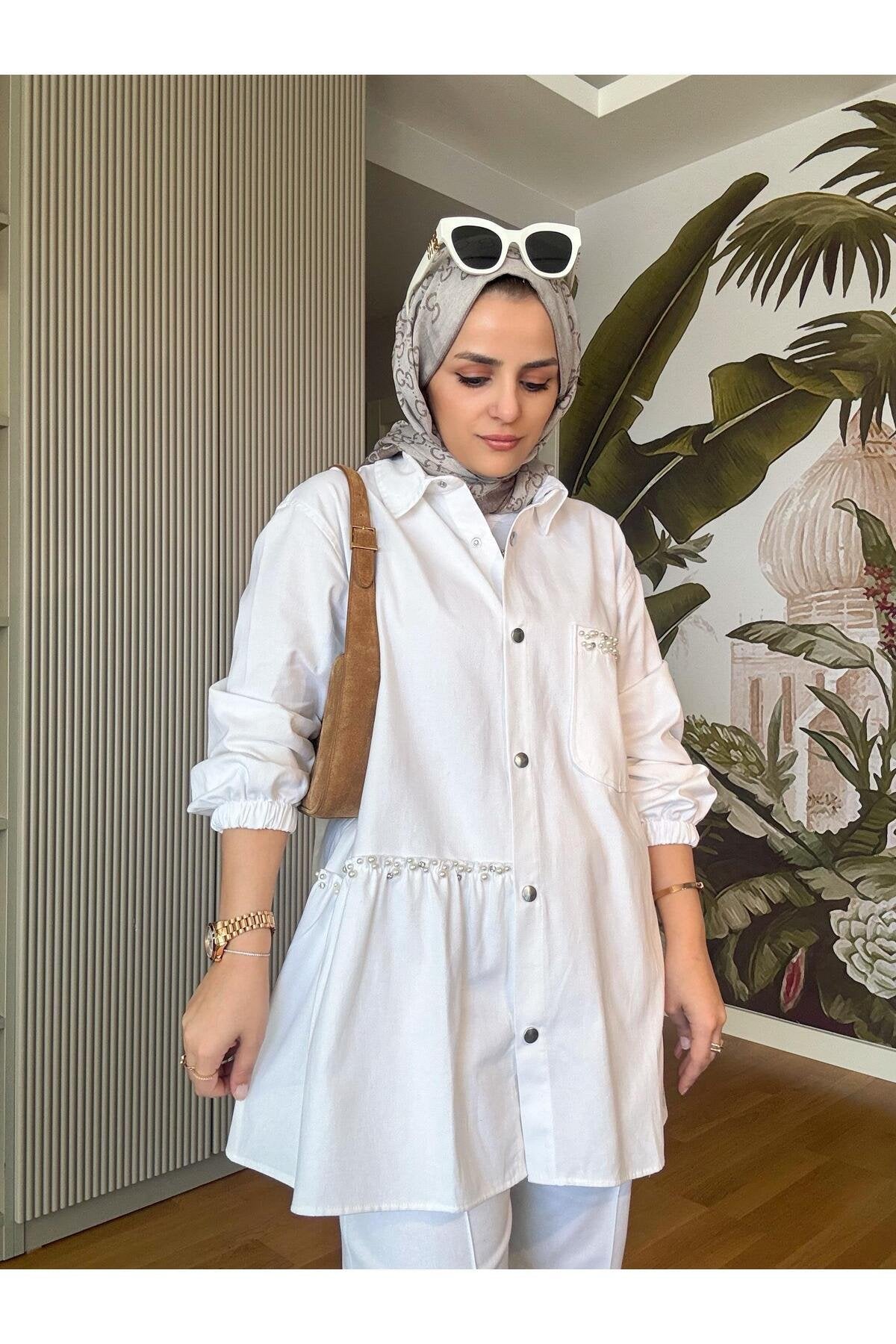 İncili Taşlı Denim Gömlek Ceket Takım Beyaz
