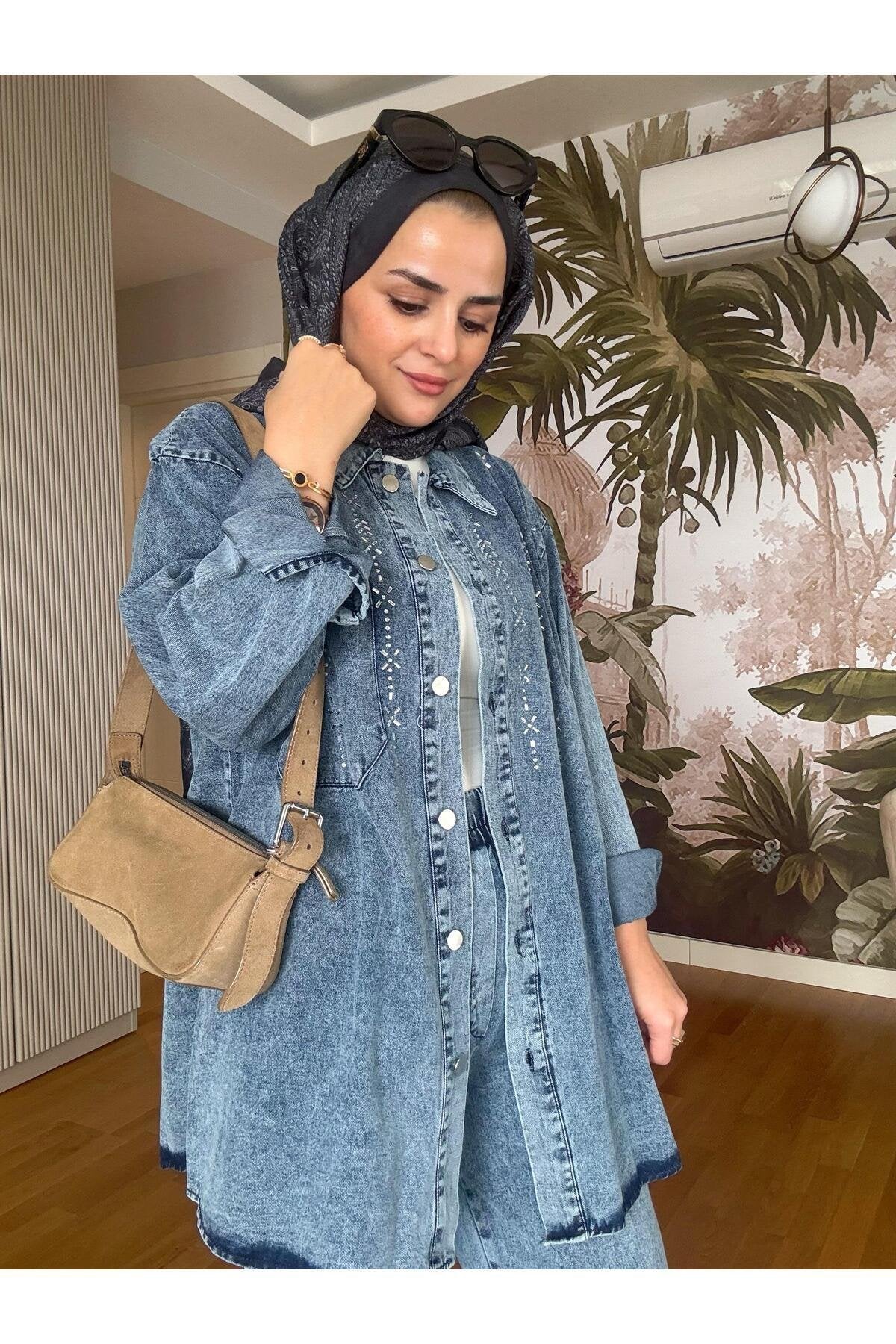Üçgen Şerit Taş  Detaylı Denim Gömlek İkili Takım Açık  Mavi