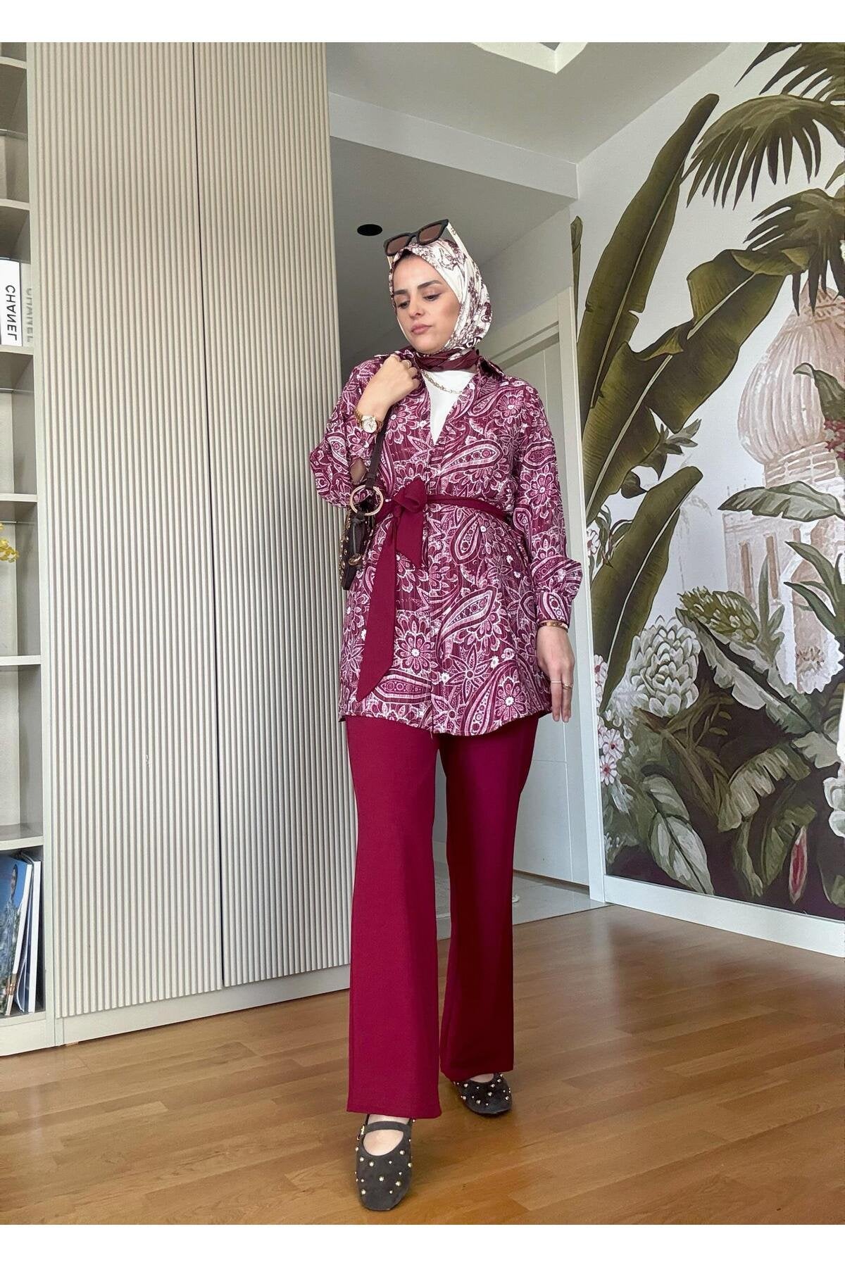 Bahar Pamuklu Gömlek Desenli Krep Pantolon Takım Vizon