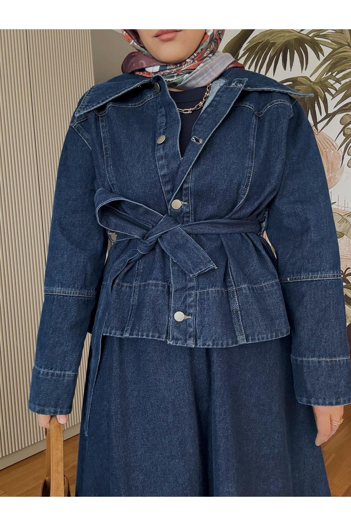 Denim Kuşaklı Çan Etek Takım Lacivert