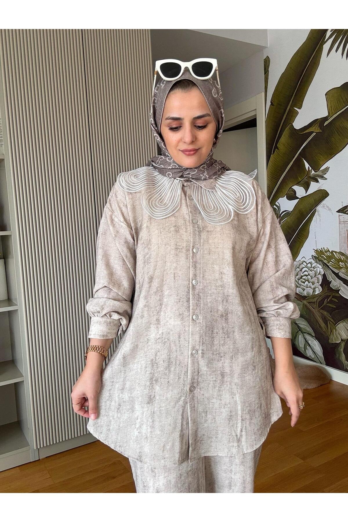 Keten Dantel Yaka Detaylı Gömlek Takım Siyah