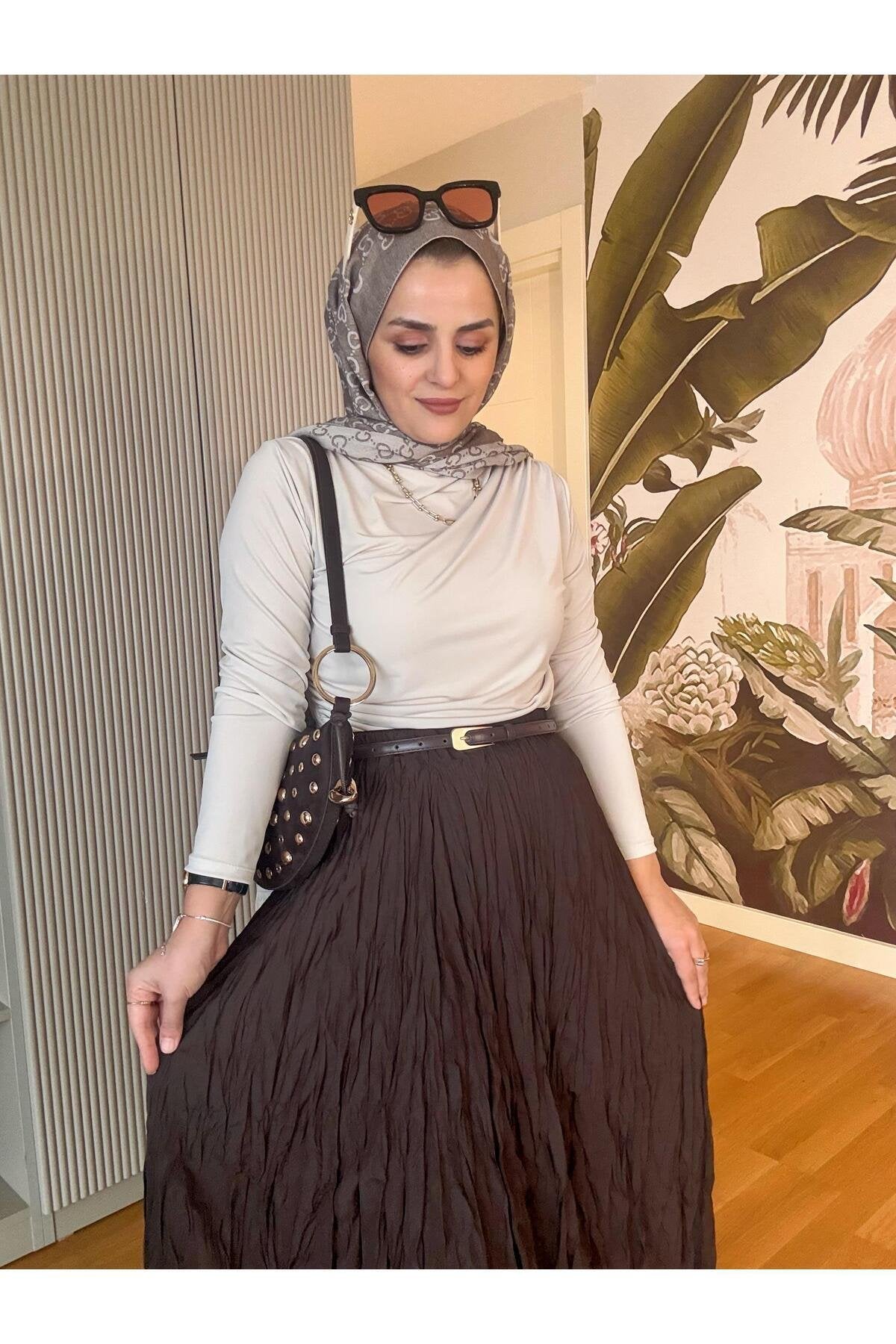 Kırışık Kumaşlı Etekli Takım Lacivert