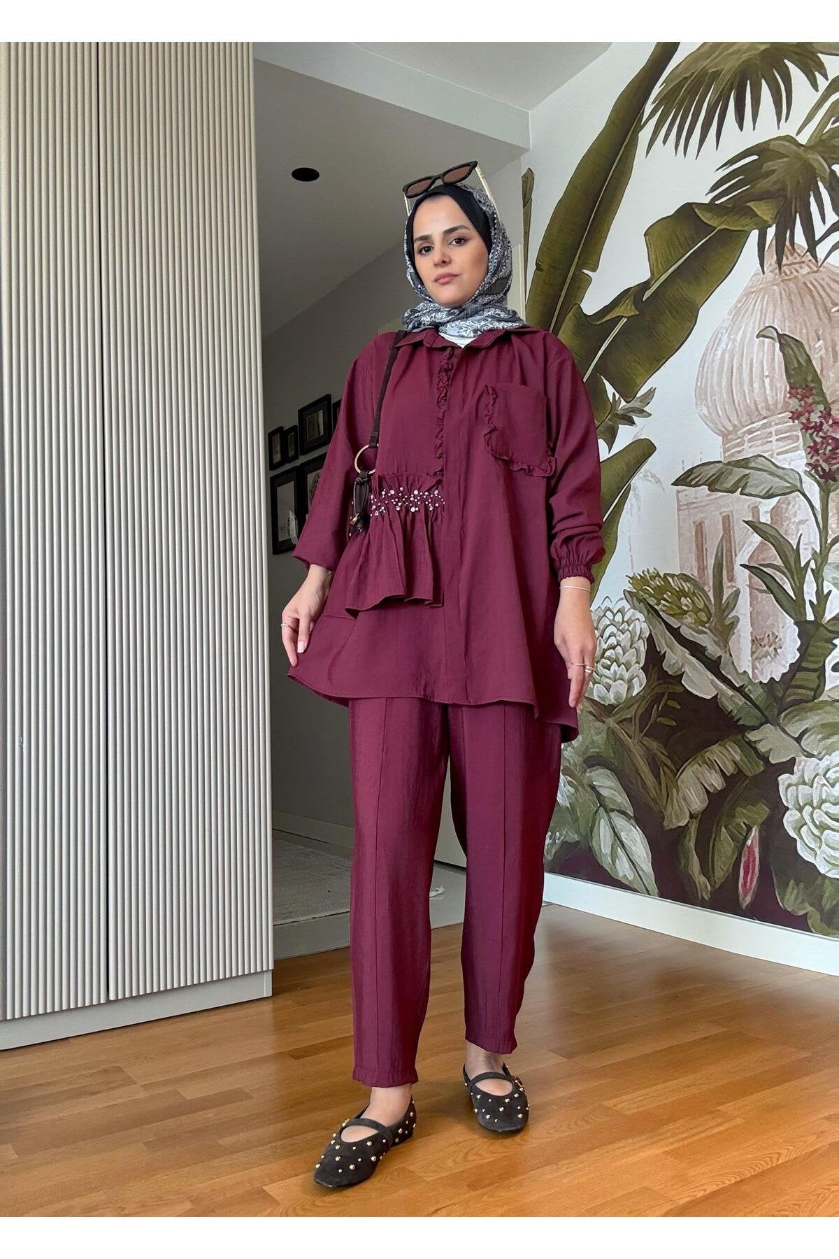 İncili Taşlı İthal Dokuma İkili Gömlek Takım Lacivert