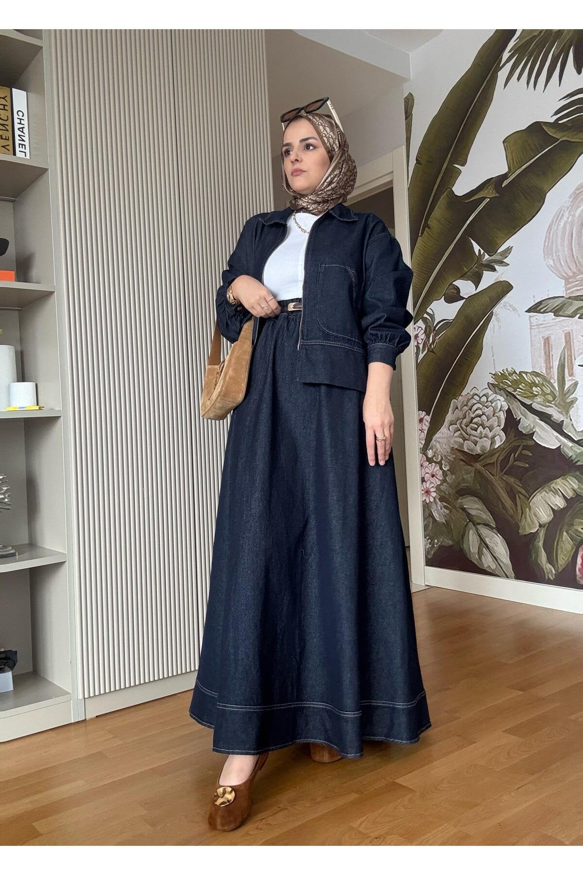 Denim Fermuarlı Çan Etek Takım Lacivert