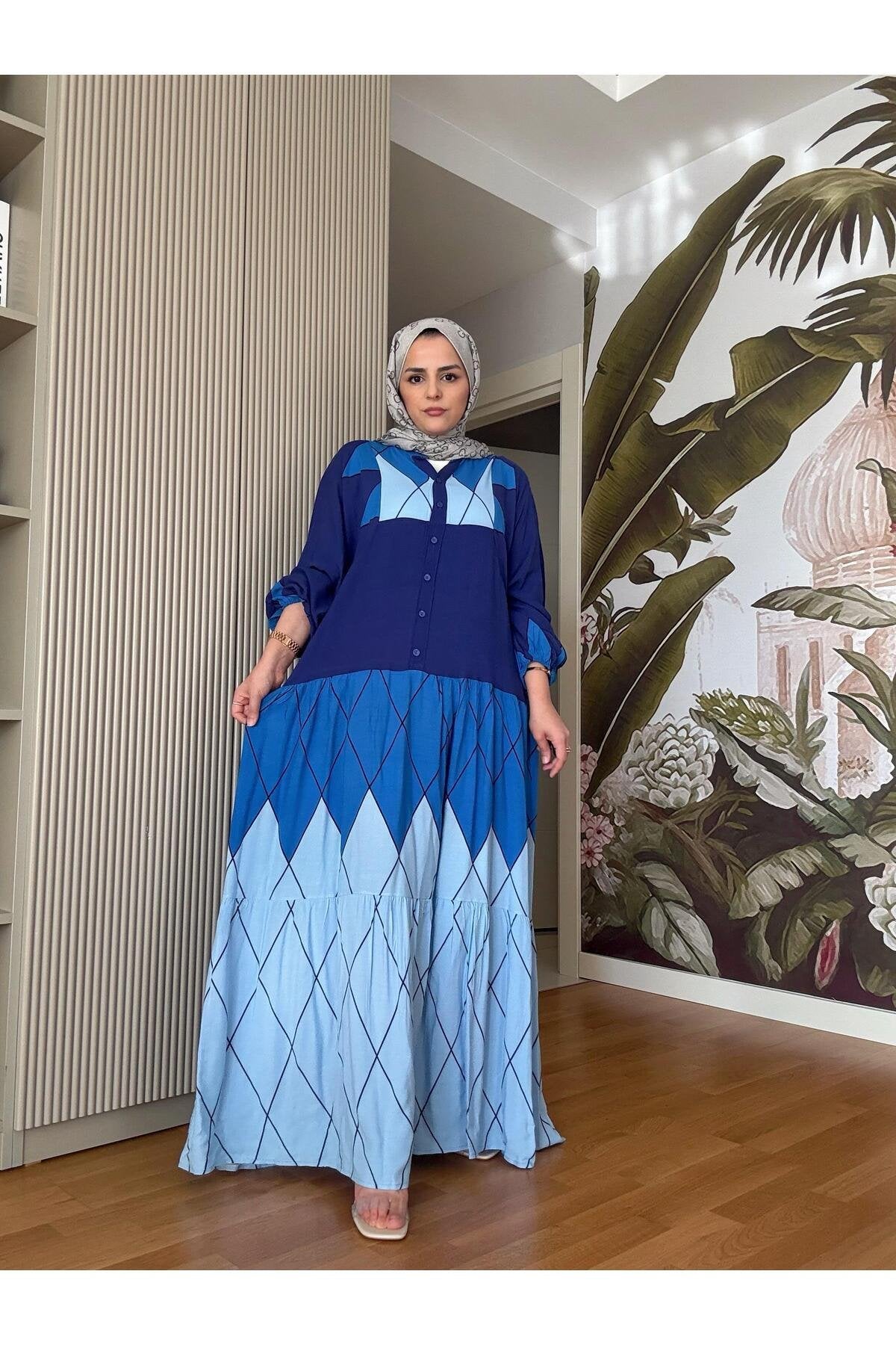 Pamuk Viskon Robalı Düğmeli Elbise Mavi