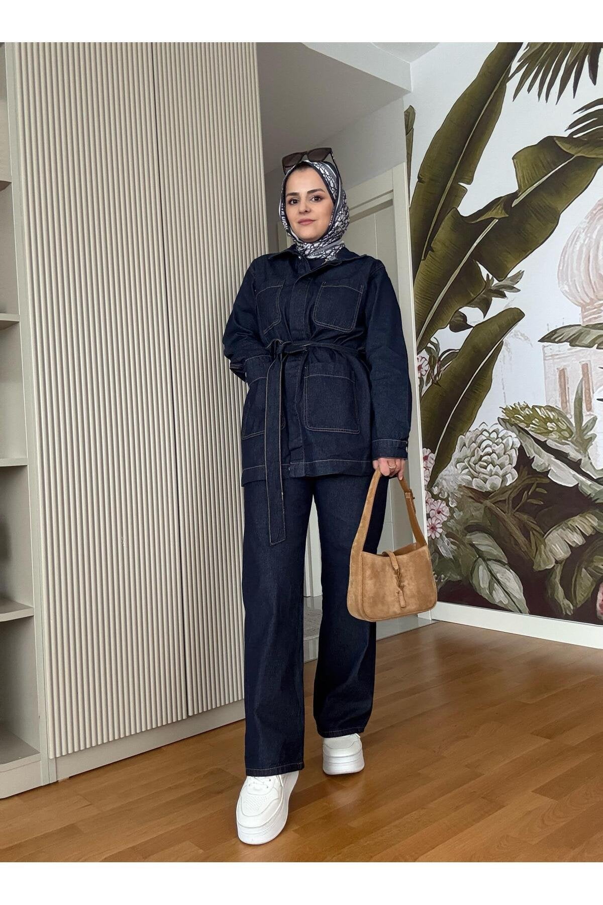 Cepli Denim Kuşaklı Ceket Takım Koyu Mavi