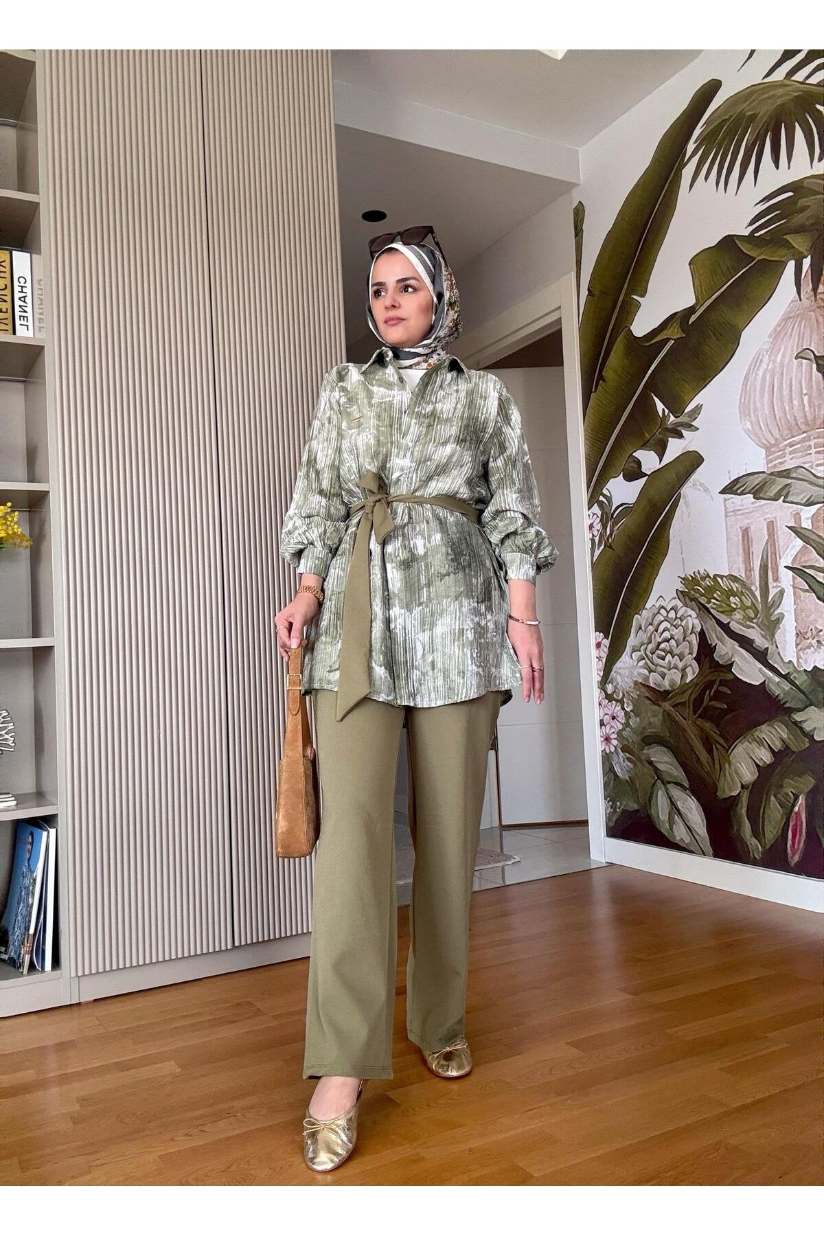 Bella Pamuklu Gömlek Desenli Krep Pantolon Takım Bej