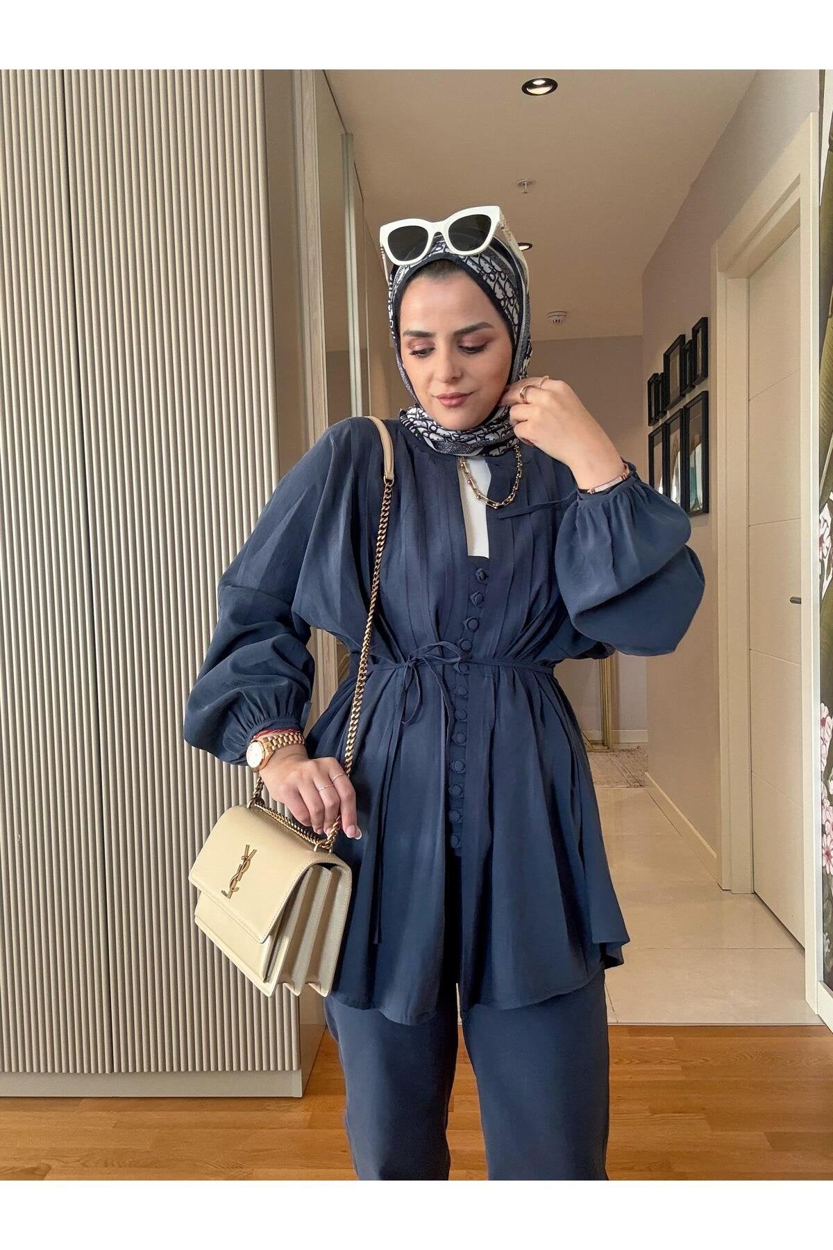 Roza Düğmeli İthal Dokuma Kumaş Gömlekli İkili Takım Bordo