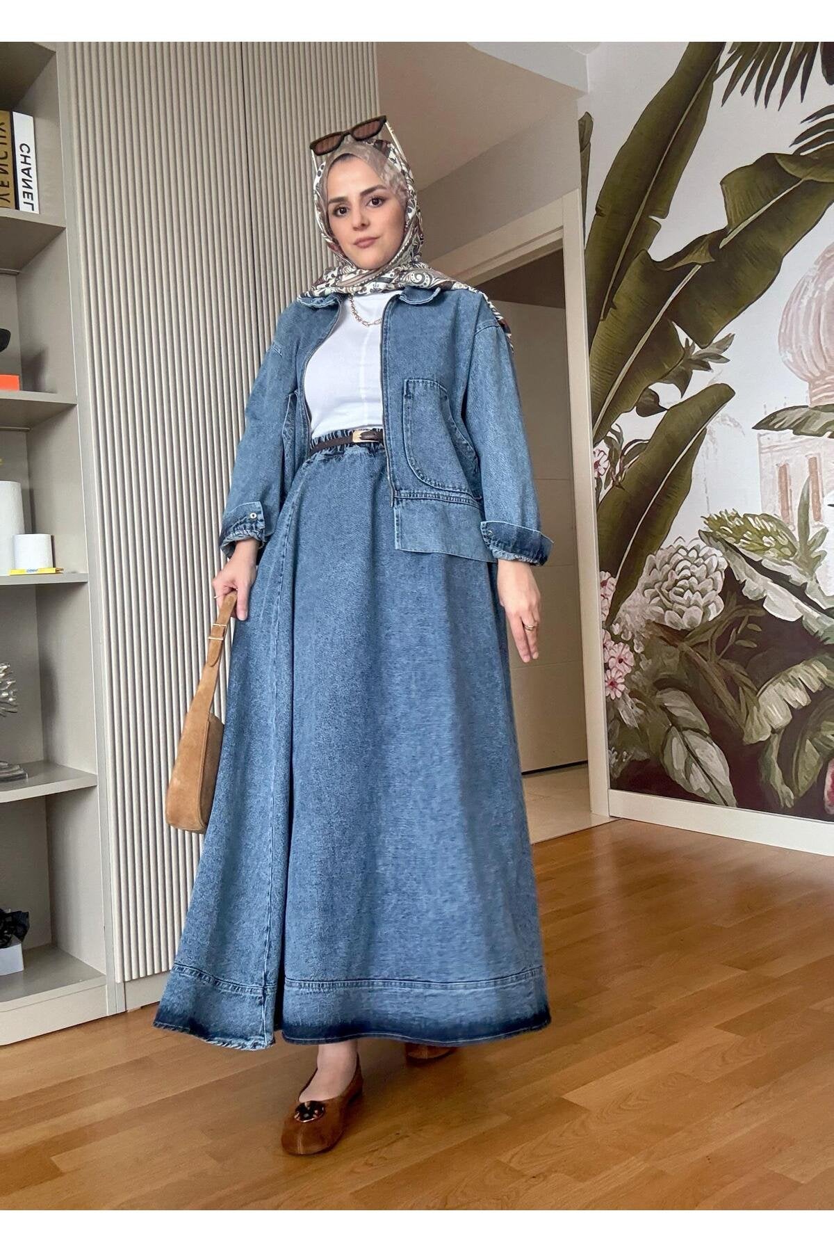 Denim Fermuarlı Çan Etek Takım Lacivert