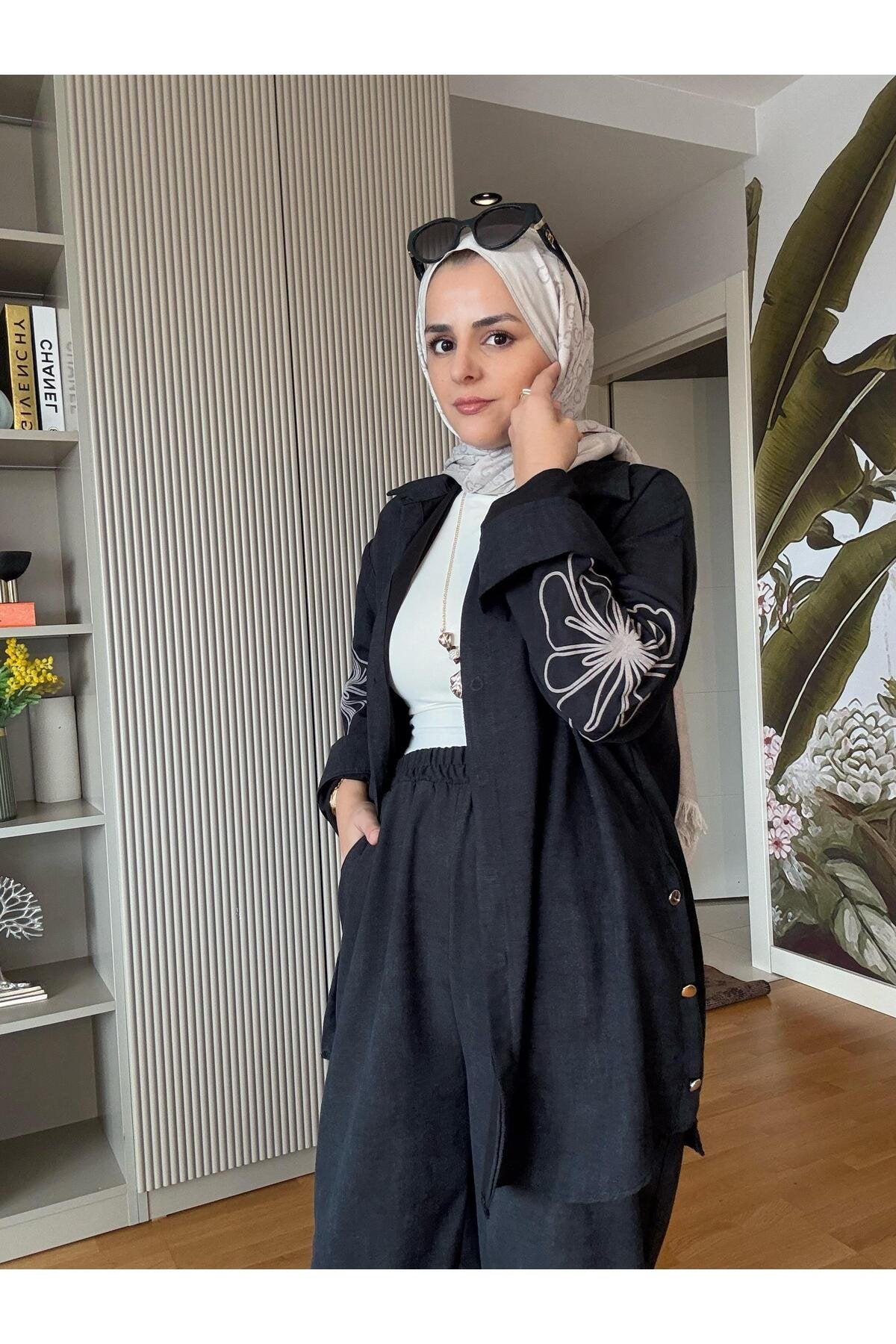 Keten Kol Çiçek Baskı  Detaylı Kolyeli Gömlek Takım Yağyeşil