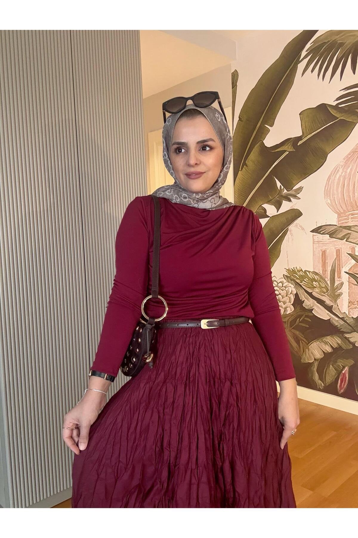 Kırışık Kumaşlı Etekli Takım Lacivert