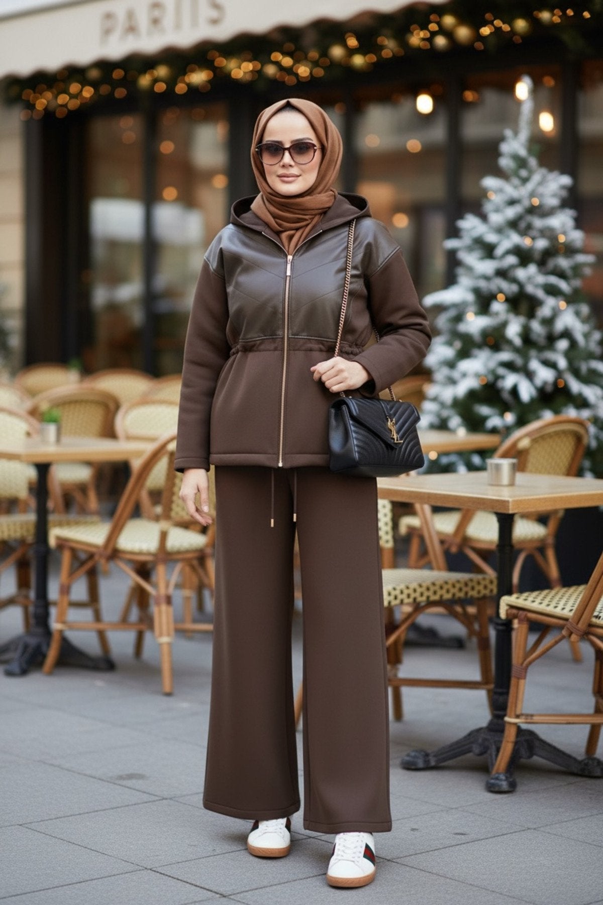Milano Leather Set – Deri Detaylı Üç İplik Şardonlu Tesettür Takım Hakiyeşil