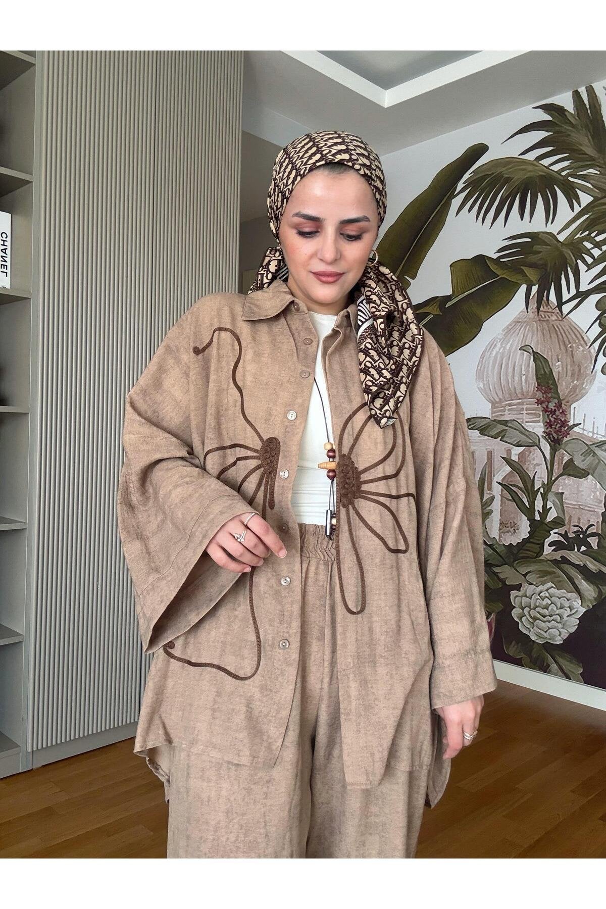 Kolyeli Pamuklu Desenli Kimona Gömlek Takım Kahve