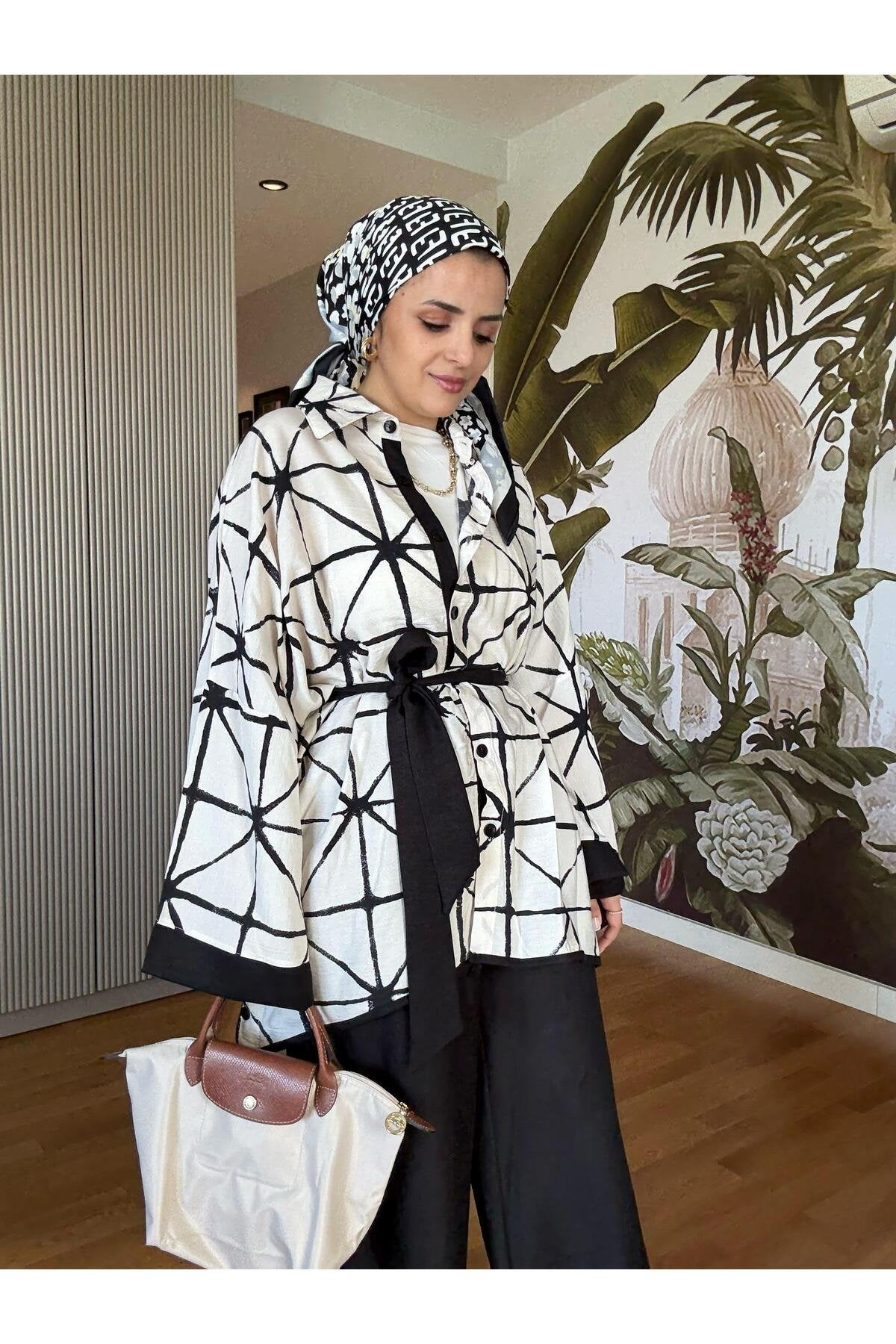 Çizgili Pamuk Keten Kimono Takım | Yazlık Rahat Tesettür İkili Takım Siyah