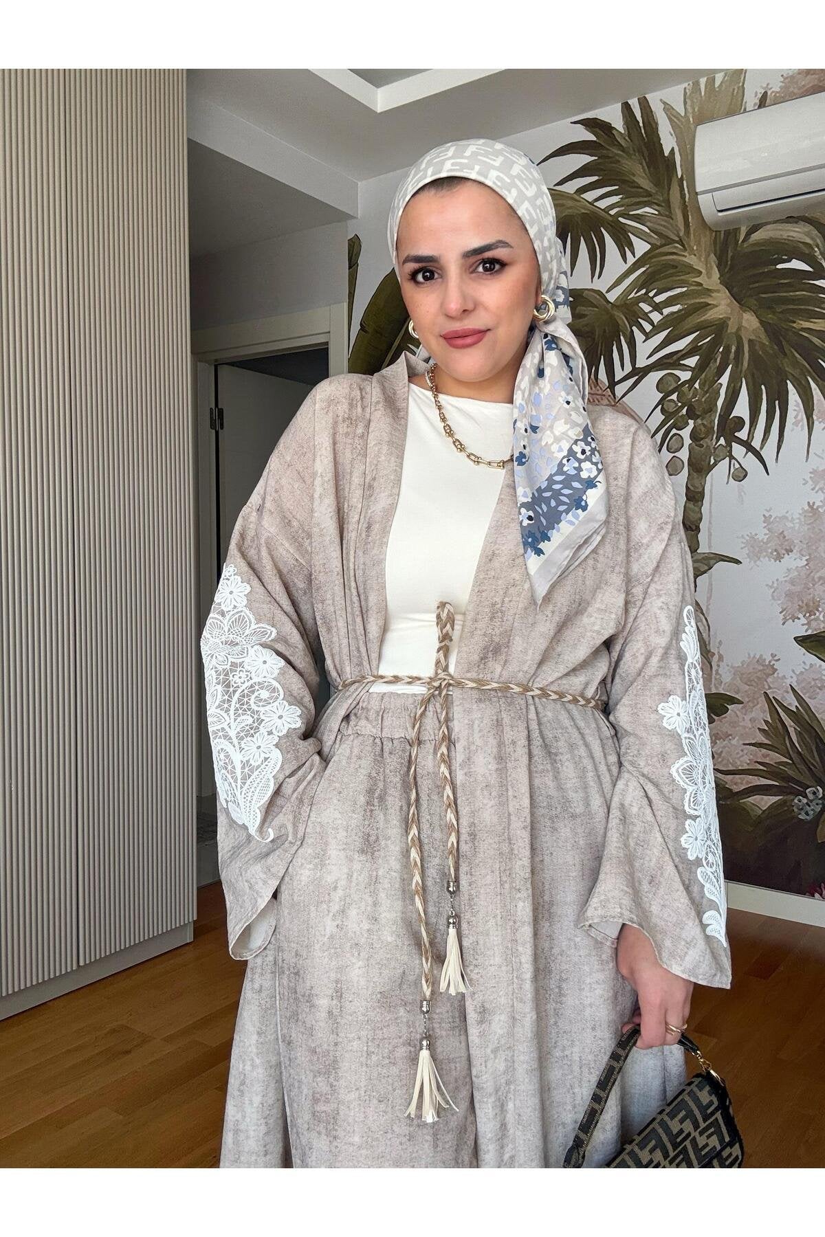 Kimona Pamuklu Kemerli Tunik Takım Siyah