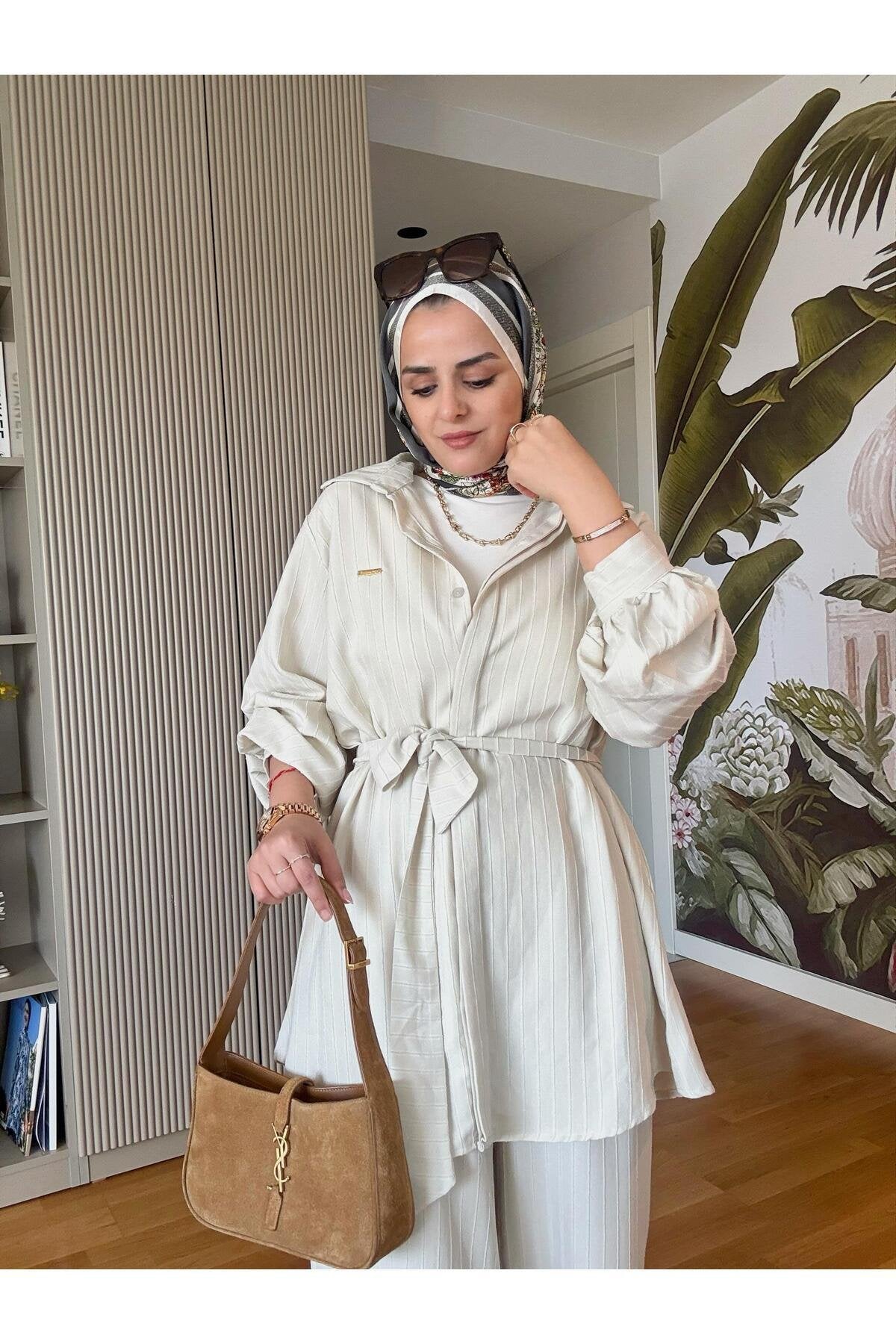 Çizgili Kuşaklı Pamuklu Gömlek Takım Siyah
