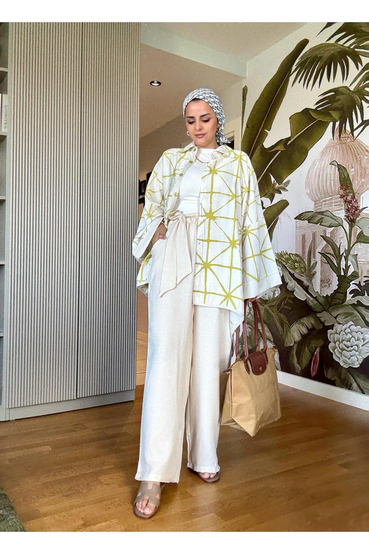 Çizgili Pamuk Keten Kimono Takım | Yazlık Rahat Tesettür İkili Takım Siyah