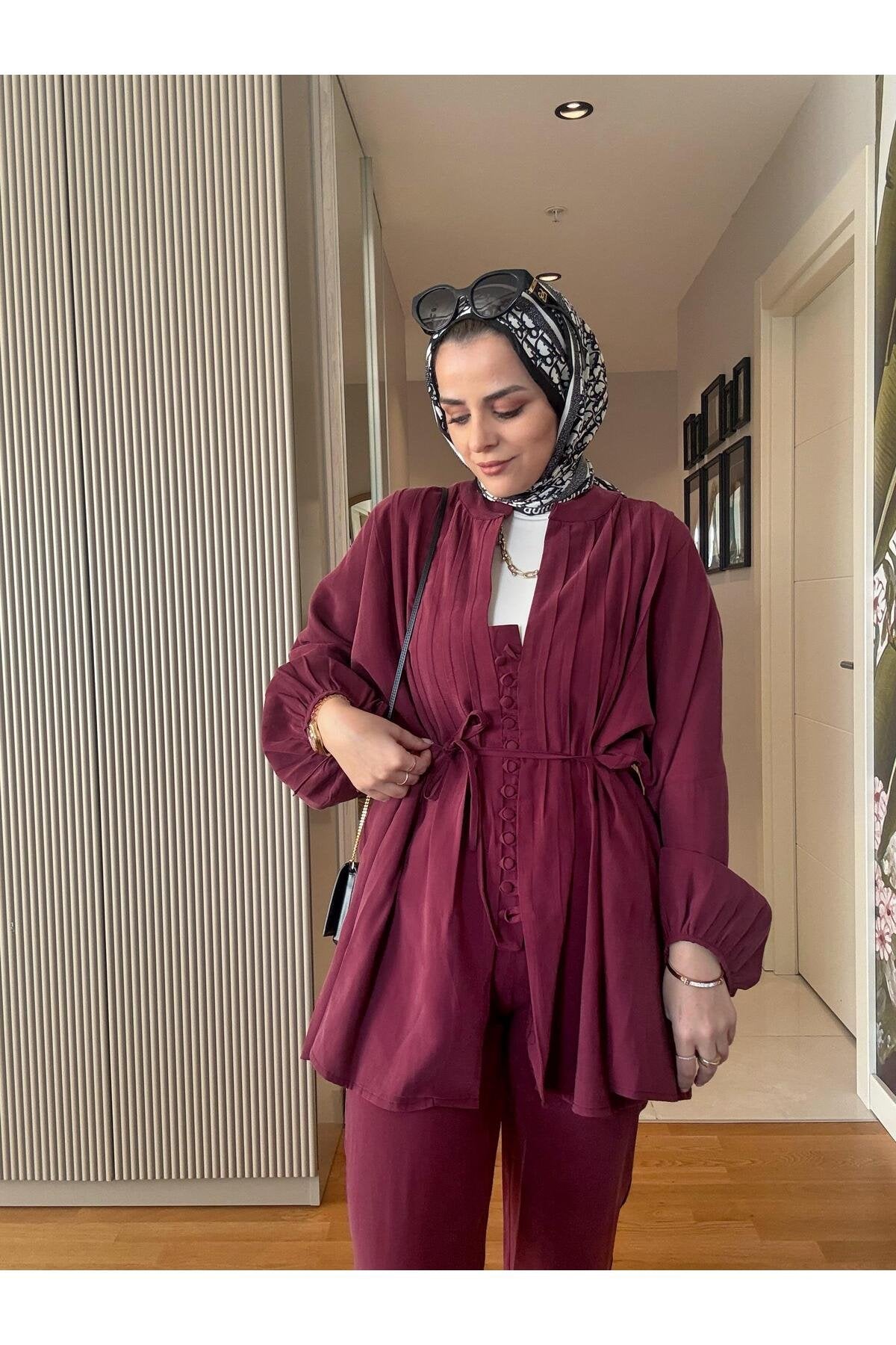 Roza Düğmeli İthal Dokuma Kumaş Gömlekli İkili Takım Bordo