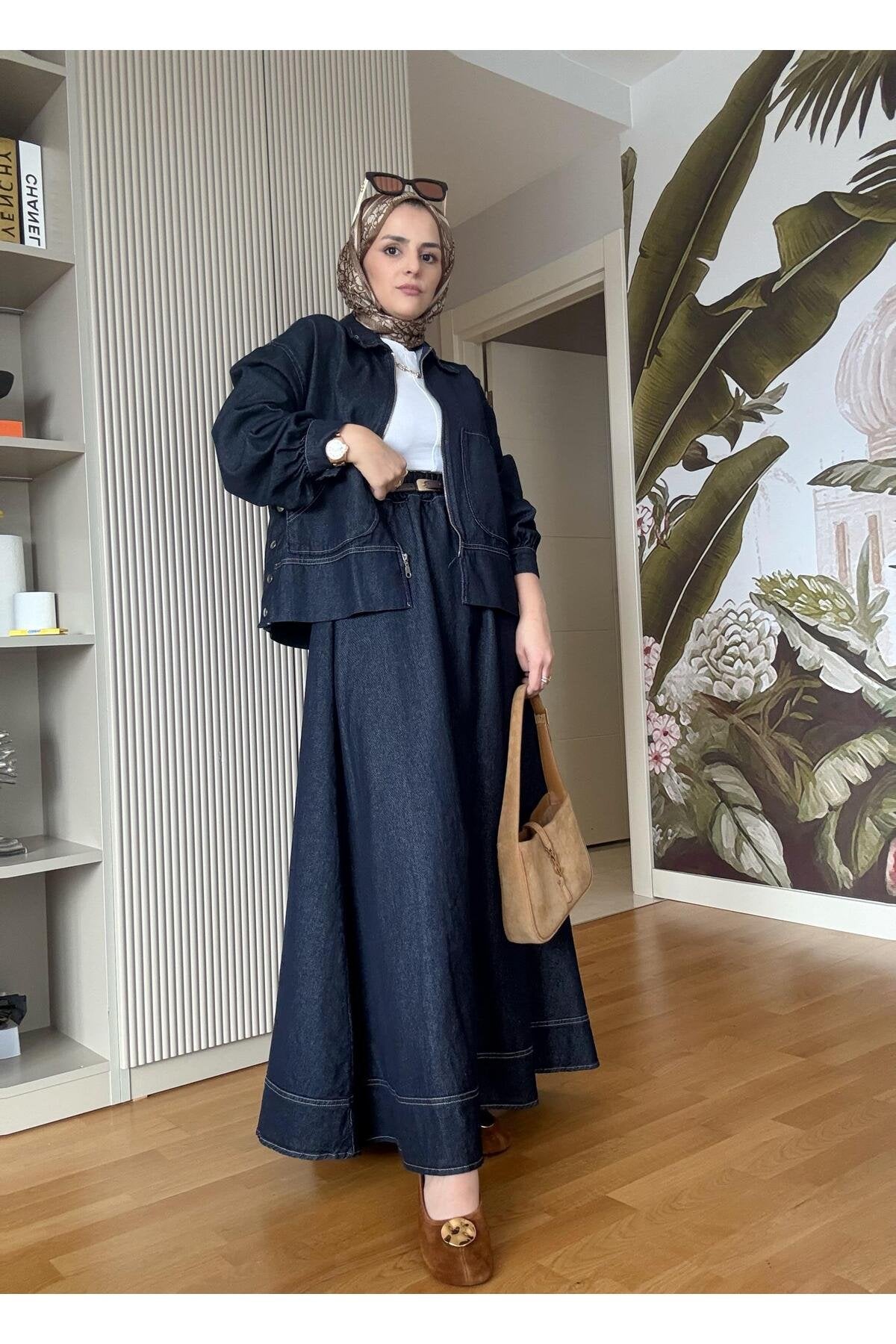 Denim Fermuarlı Çan Etek Takım Lacivert