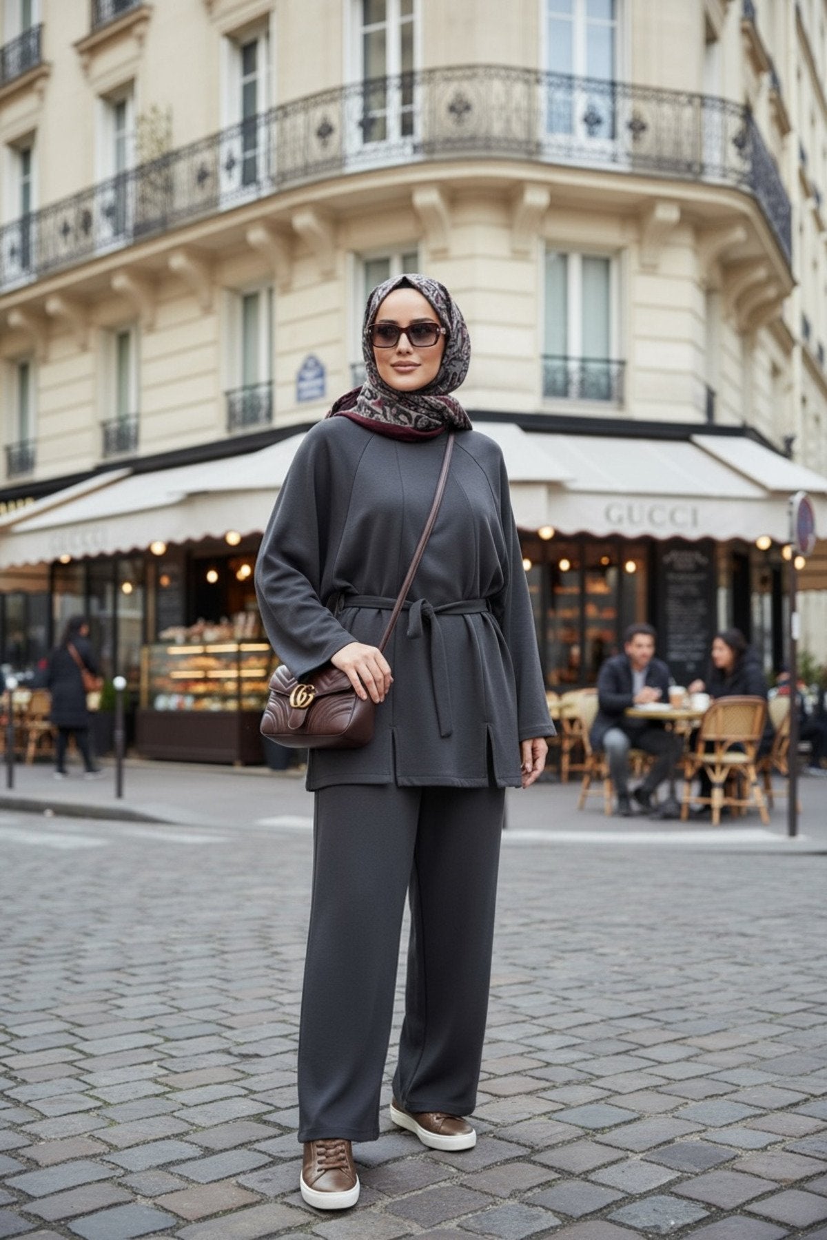 Kuşaklı Modal Yırtmaçlı Dökümlü A Kesim Tesettür İkili Takım | Bordo