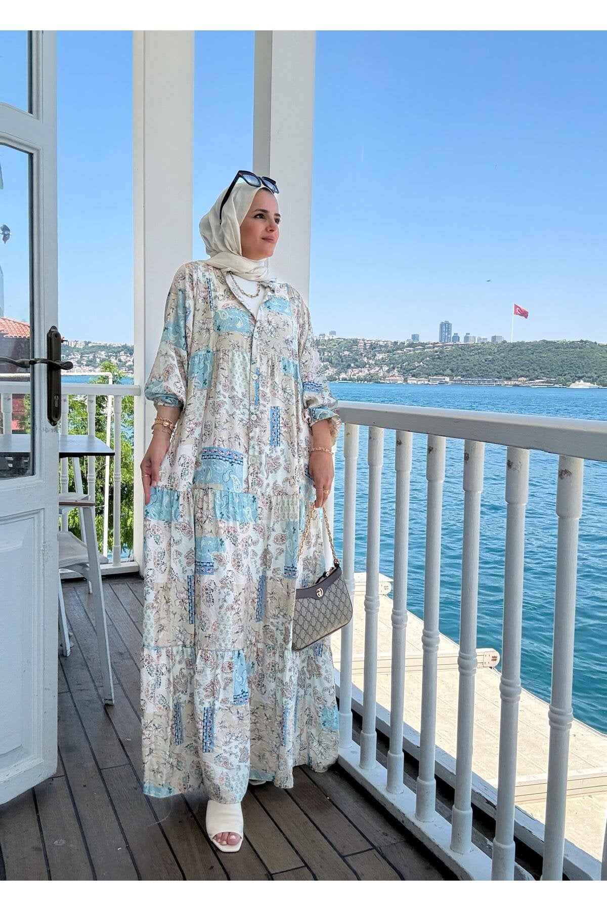 Etnik Desenli Robalı Yazlık Elbise | Düğmeli ve Rahat Kesim Bej-mavi