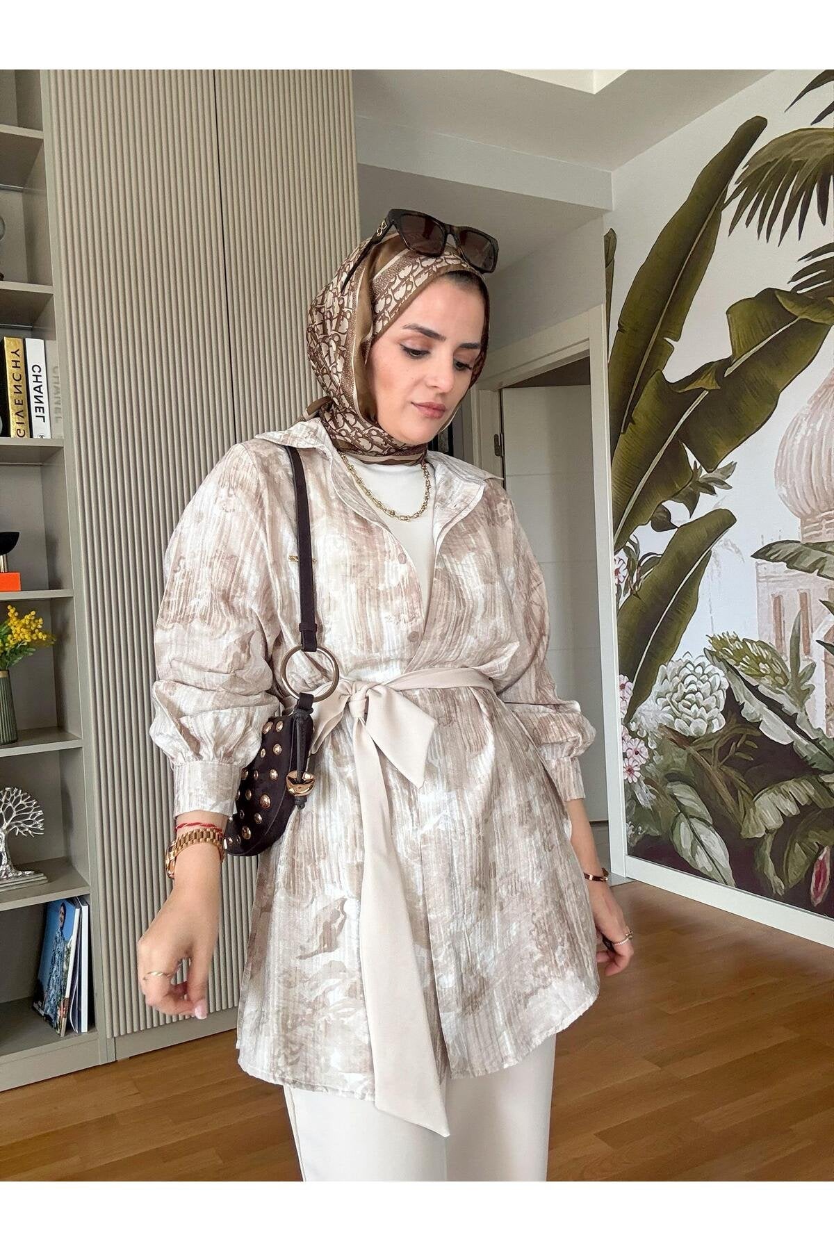 Bella Pamuklu Gömlek Desenli Krep Pantolon Takım Bej