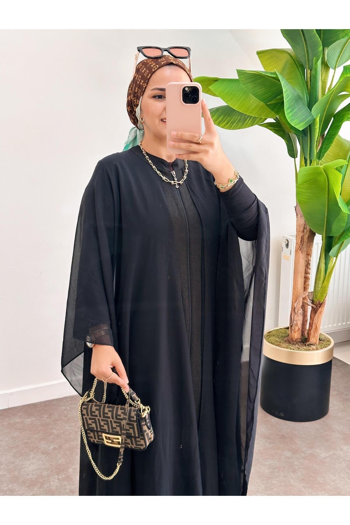 Abaya Fermuarlı  Ferace Şifon - Tül