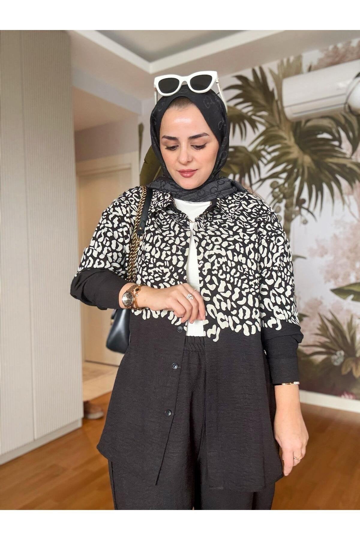 Gömlek Leopar Baskı Pamuklu İkili Takım Siyah