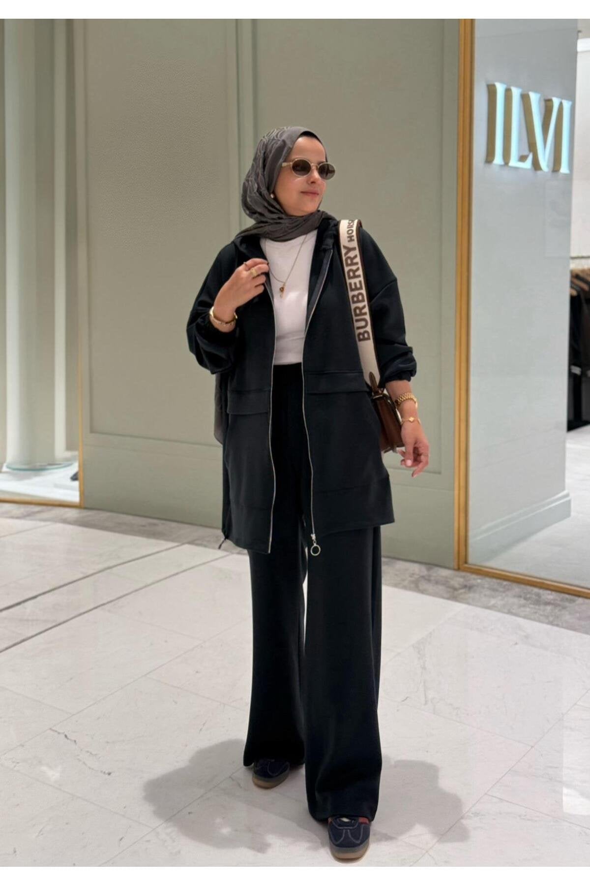 Velvet Modal Kapşonlu İkili Tesettür Takım Acıkahve