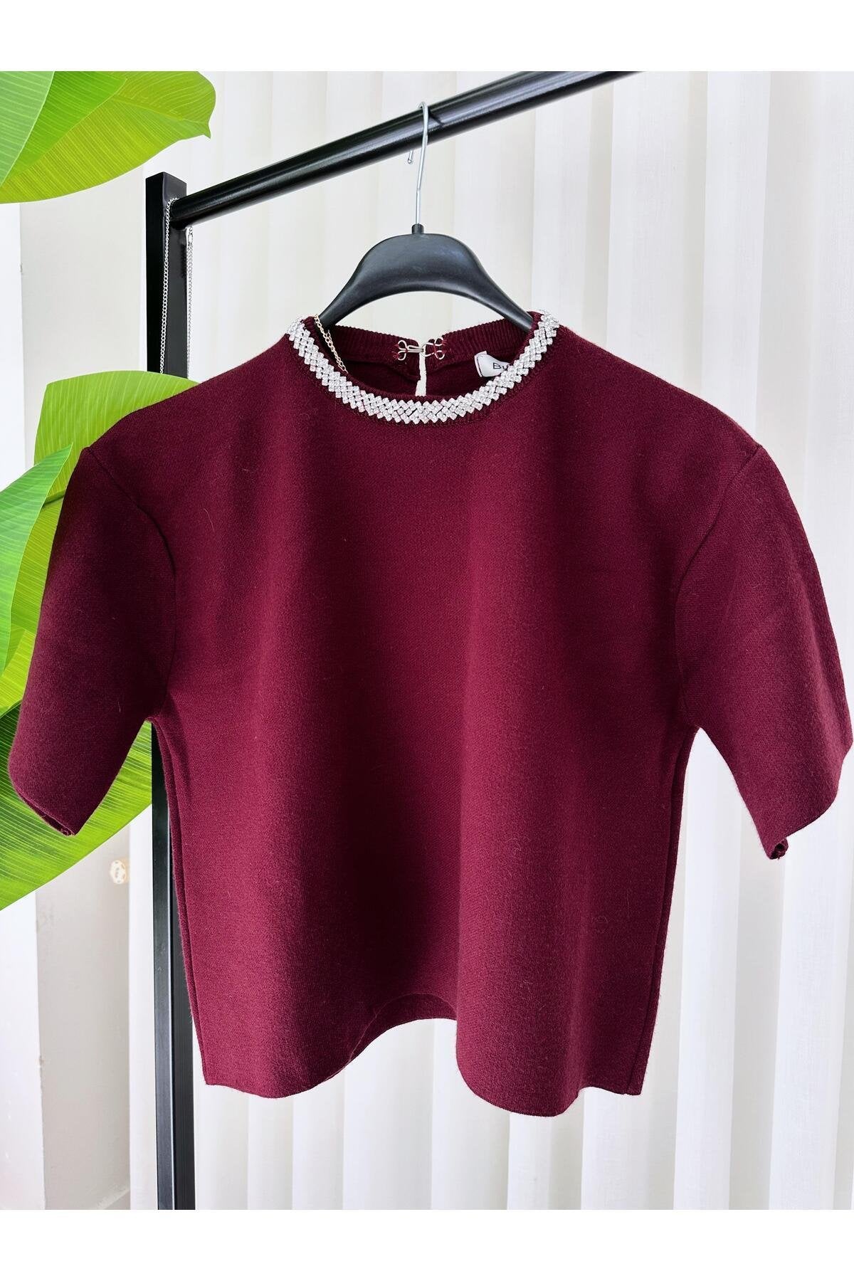 Taşlı Premium Yumoş Triko Tişört Bordo