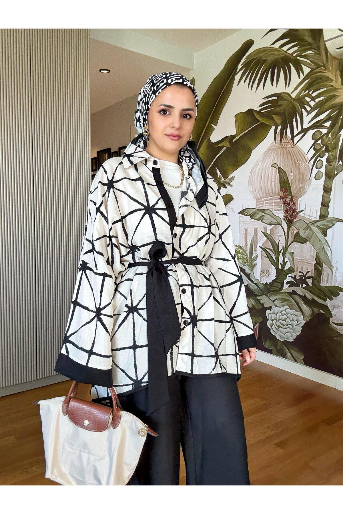 Çizgili Pamuk Keten Kimono Takım | Yazlık Rahat Tesettür İkili Takım Siyah