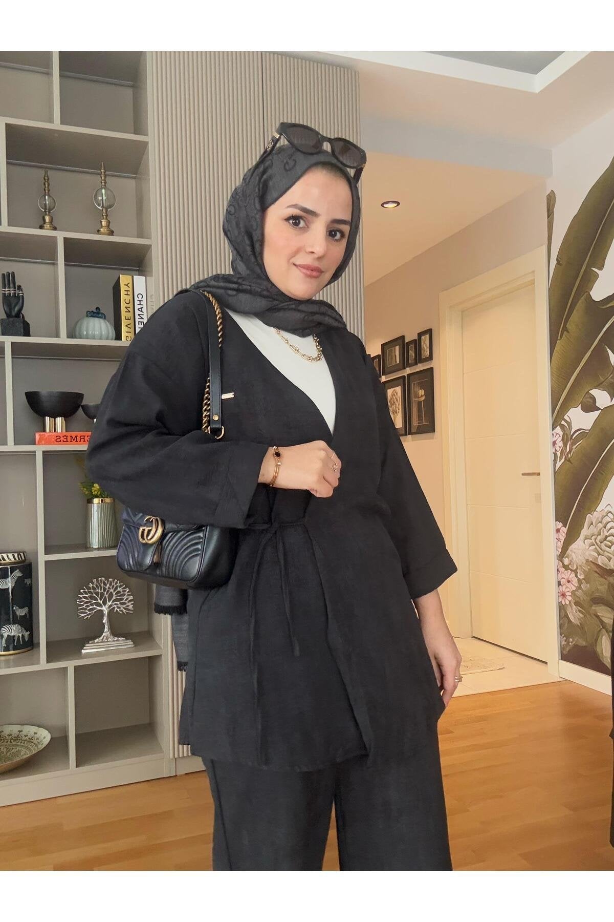 Kimona Pamuklu Bağlamalı Tunik Takım Bej
