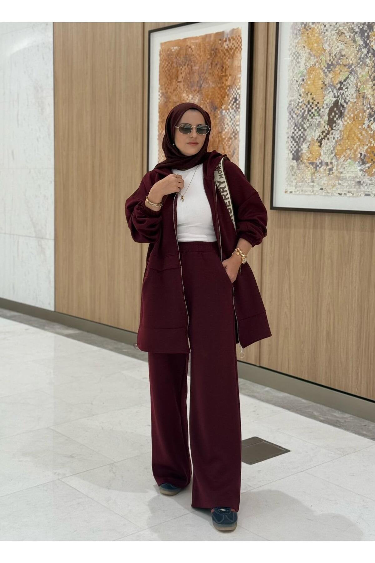 Velvet Modal Kapşonlu İkili Tesettür Takım Acıkahve